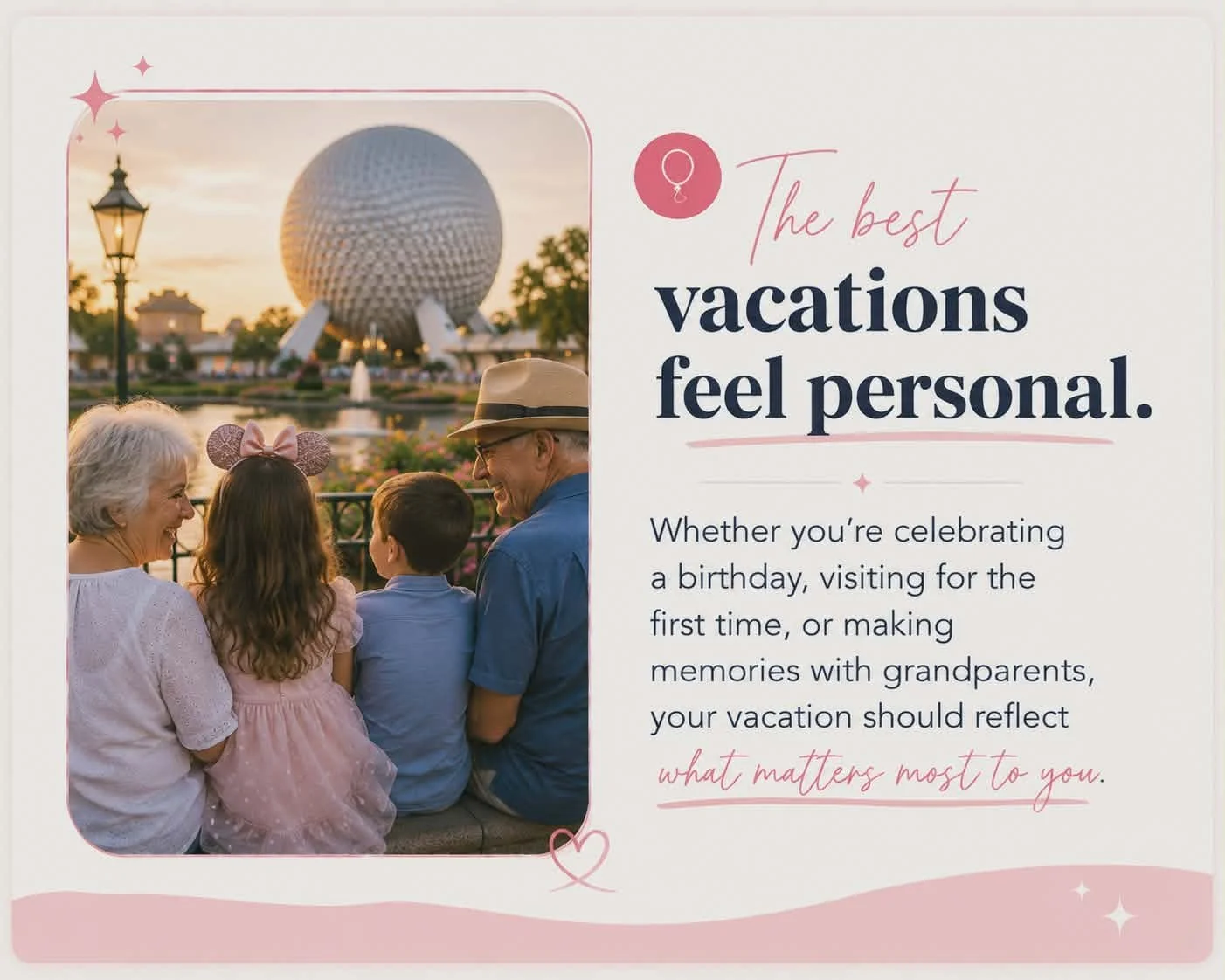 A family of four sitting by a pond at Disney World's Epcot theme park during sunset, with Spaceship Earth in the background, enjoying a moment together.