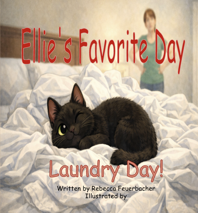 Book cover titled "Ellie's Favorite Day Laundry Day!" with an illustration of a black cat lying on crumpled laundry in the foreground and a woman in a green shirt in the background.