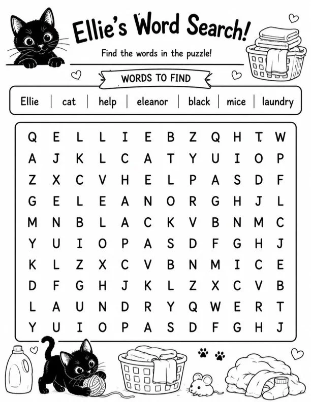 A word search puzzle titled 'Ellie's Word Search' with a cat illustration, a laundry basket, and a laundry bottle depicted. The puzzle includes words to find such as 'Ellie,' 'cat,' 'help,' 'Eleanor,' 'black,' 'mice,' and 'laundry.' There are small illustrations of a cat, a laundry basket, a small mouse, a laundry pile, and a laundry bottle around the puzzle.