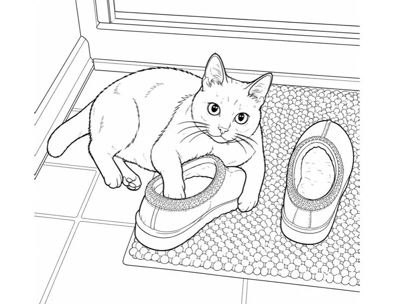 A line drawing of a cat lying on a bathmat next to a pair of slippers, with the cat paw resting inside one of the slippers.
