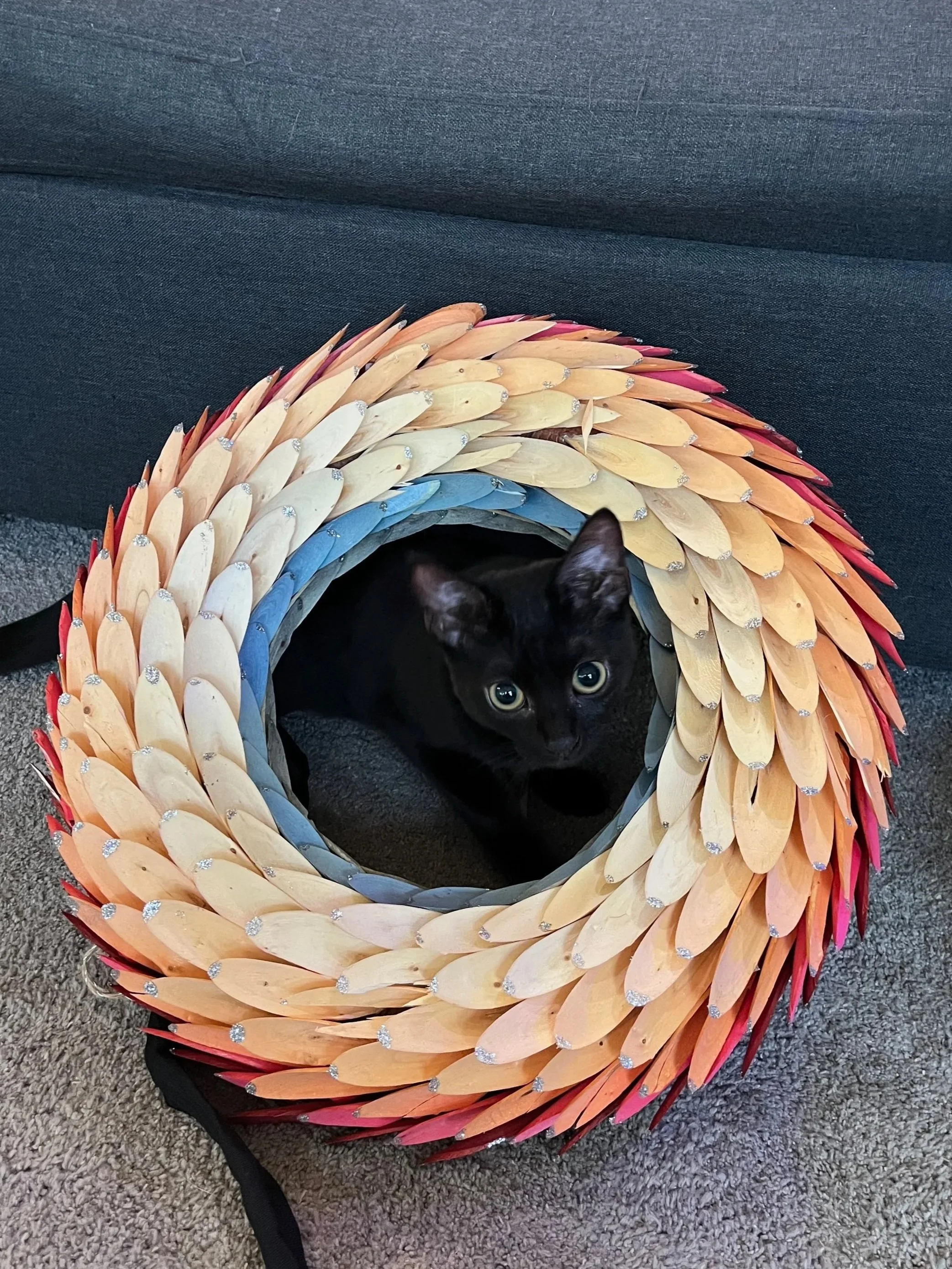 A black cat with large green eyes peeking out from inside a large, colorful, petal-shaped structure made of wooden clothespins with rhinestones on the ends, on a gray carpeted floor.