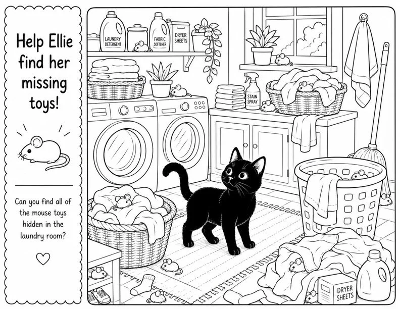 Black cat in laundry room surrounded by mouse toys, laundry basket, washing machines, shelves with laundry supplies, potted plants, window, laundry sink, laundry detergent, stain spray, laundry basket, towels, clothes, and cleaning tools.