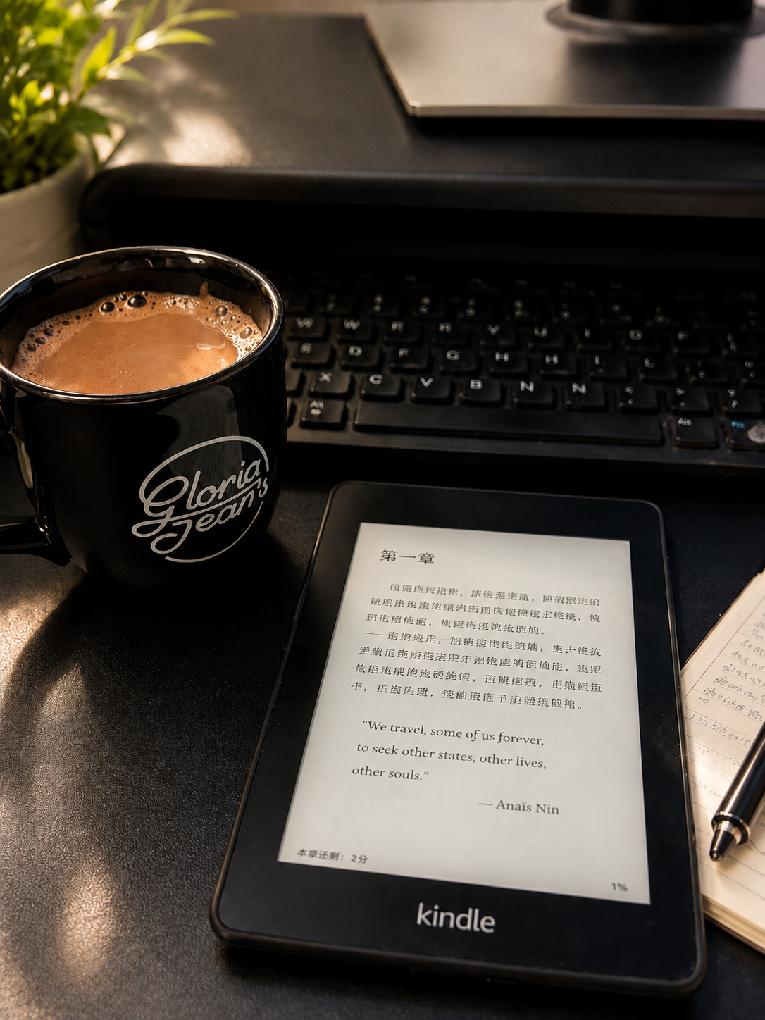Reading and publishing workspace with a Kindle, laptop, notebook, and coffee.