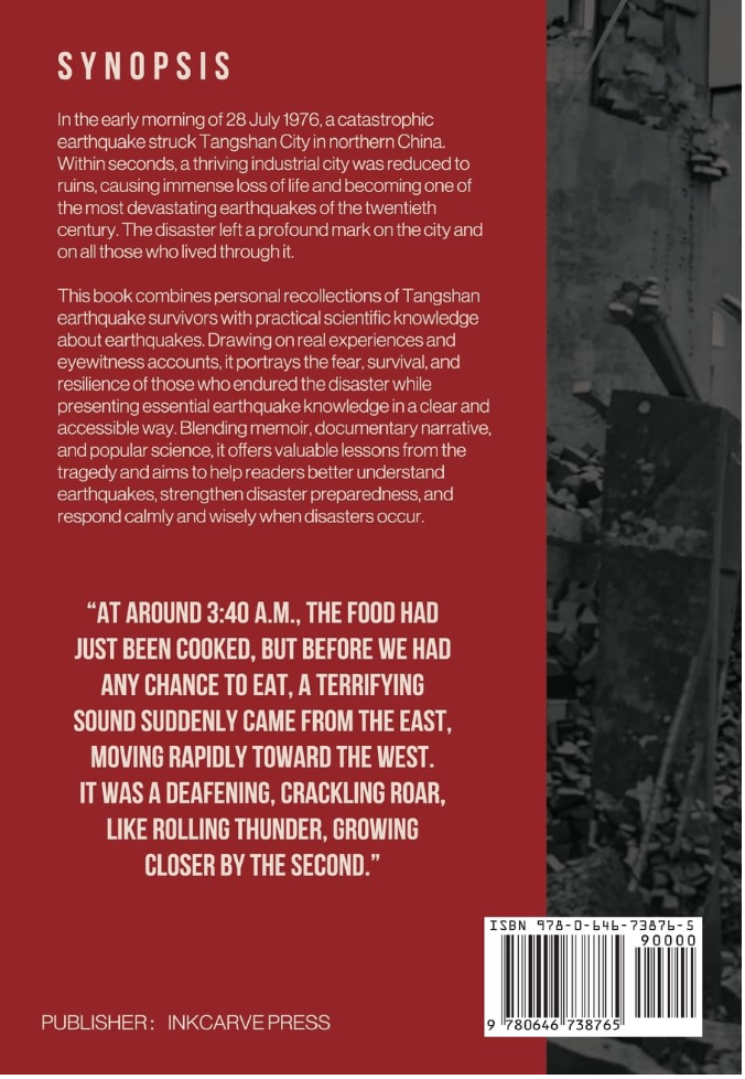 Back cover of The 1976 Tangshan Earthquake: Memoir and Record of Disaster Preparedness and Mitigation, featuring the book synopsis, publisher information, and ISBN barcode.