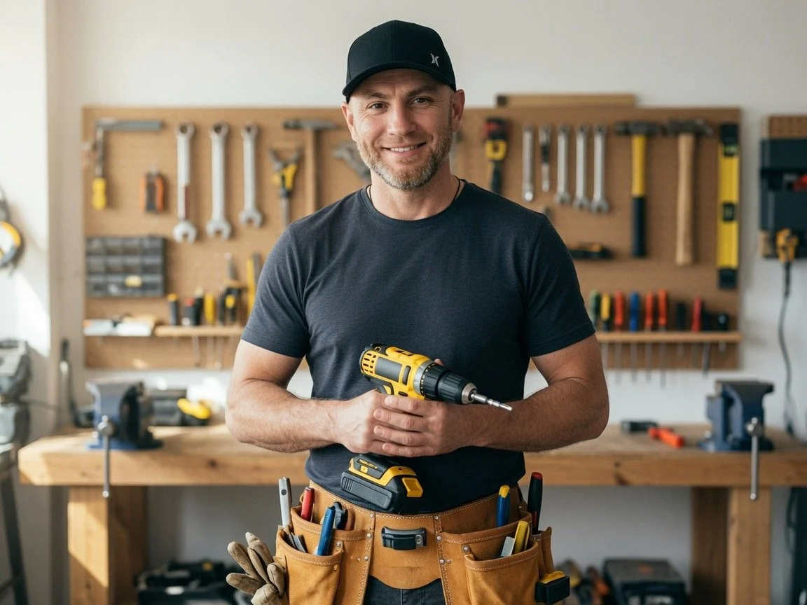A man holding a cordless drill inside a woodworking workshop with tools hanging on a pegboard in the background.