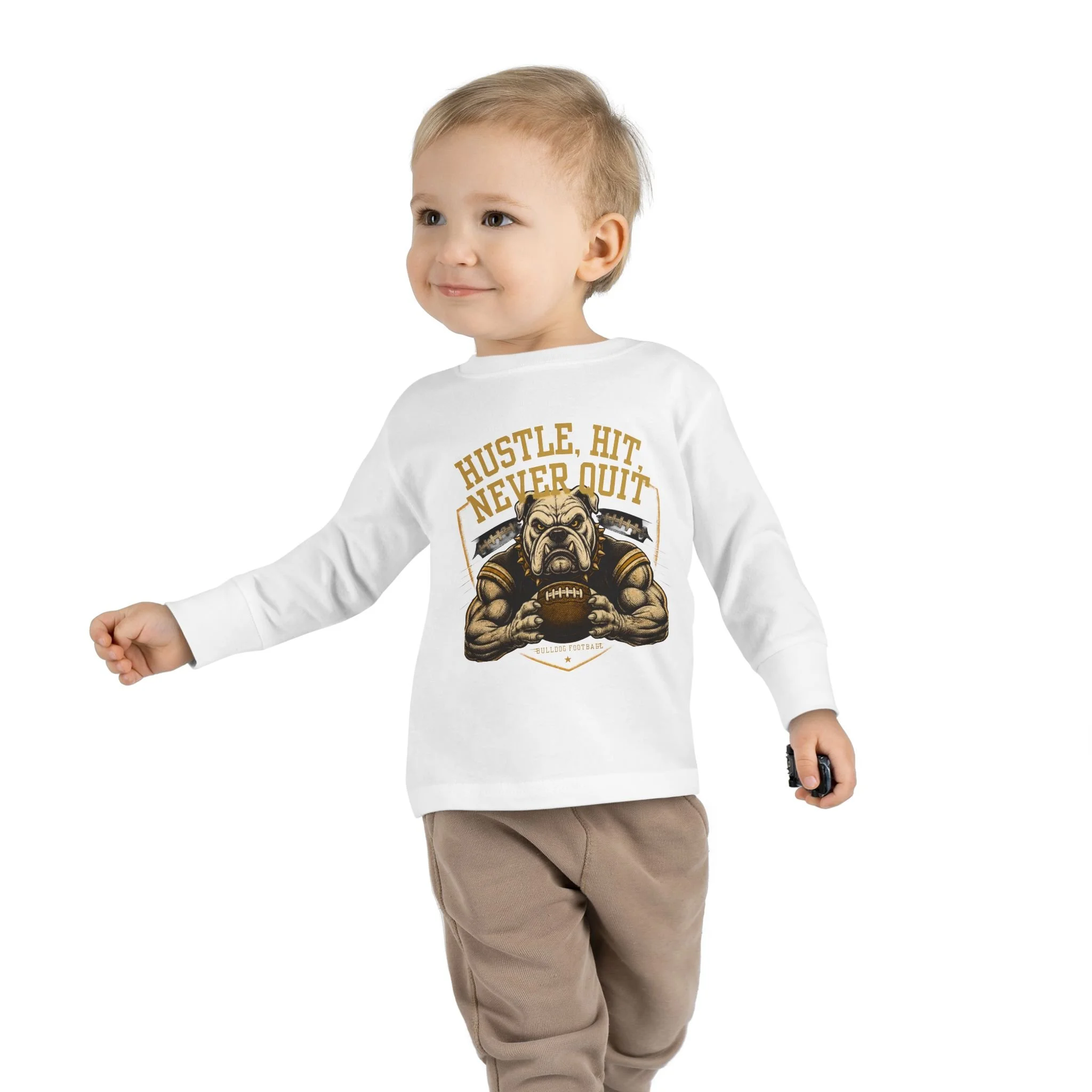 Toddler Long Sleeve Tee — "Hustle, Hit, Never Quit" Bulldog Graphic
