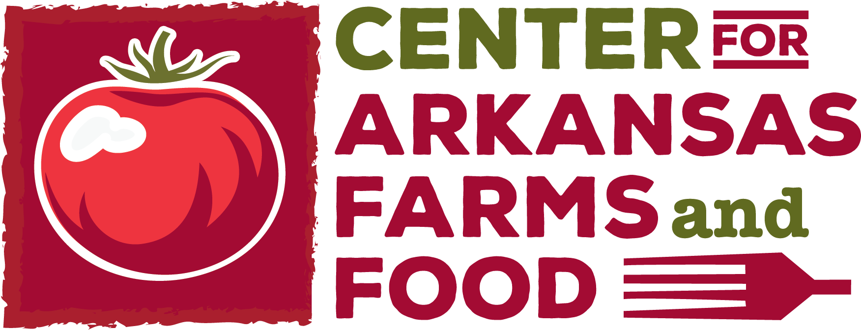 Logo for Center for Arkansas Farms and Food featuring a stylized tomato on a red background with green and maroon text.
