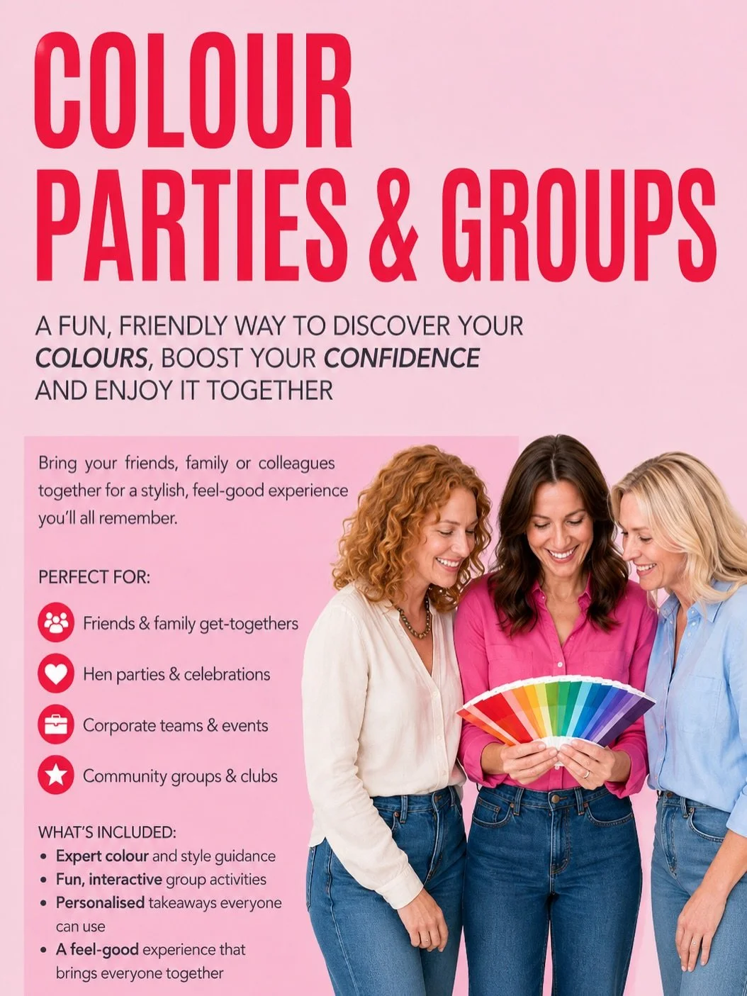 ✨ COLOUR PARTIES ARE HERE ✨

Looking for something different for your next girls&rsquo; catch-up, celebration or team event?

Introducing Colour Parties &mdash; a fun, feel-good experience where you&rsquo;ll discover the colours that make you glow, l