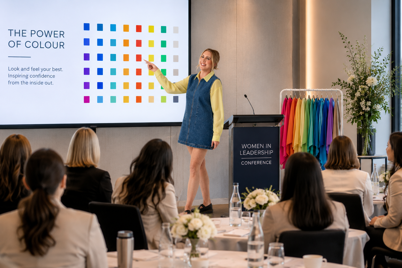 A woman presenting at a conference titled 'Women in Leadership'. She is standing next to a large screen displaying a colorful grid and the words 'The Power of Colour'. She is pointing at the screen and smiling. The audience consists of women seated at round tables with flowers and water bottles. There is a rack with rainbow-colored clothes and a large floral arrangement in the background.