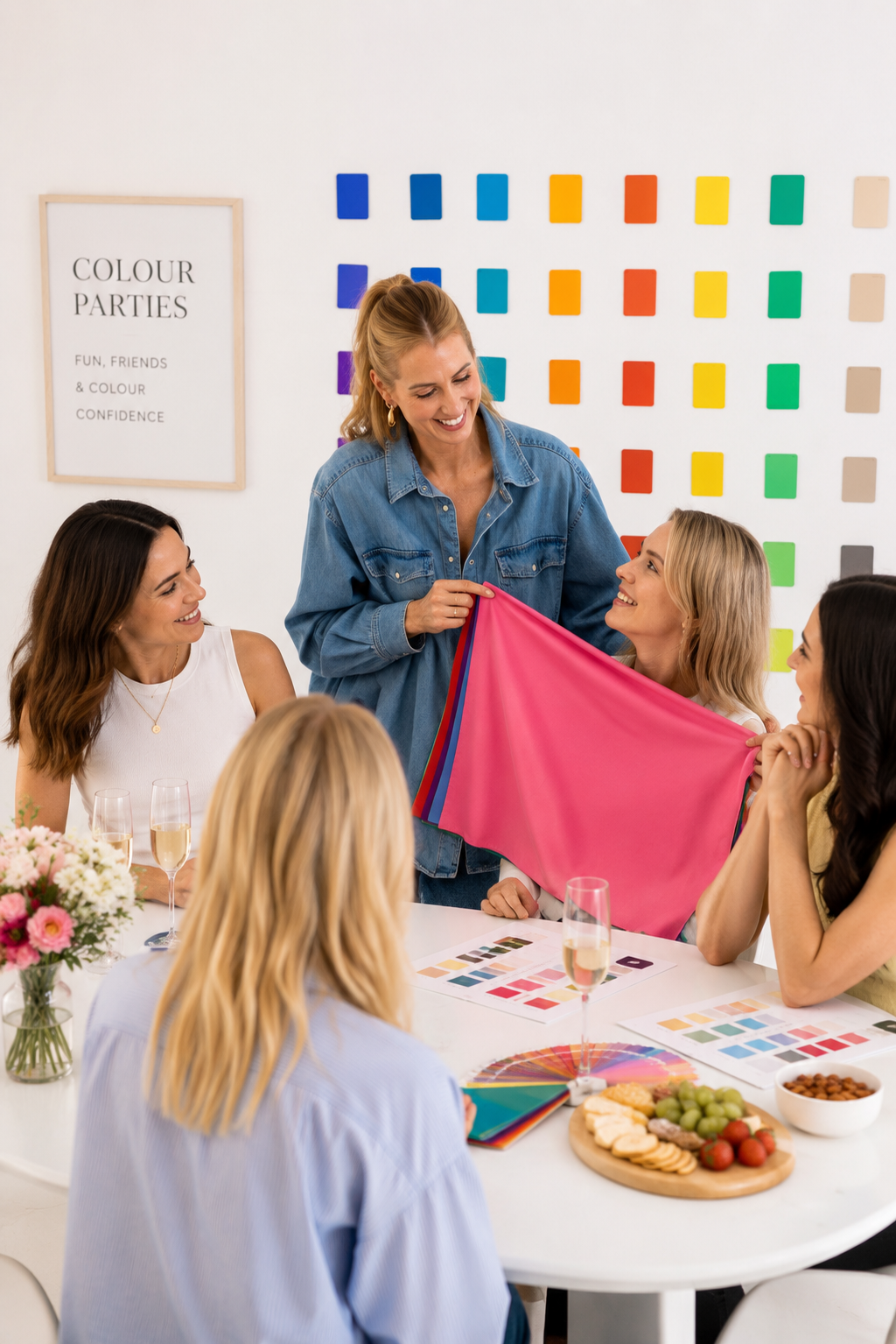 Women participating in a color-themed workshop, with color swatches and decor on a white table, and a color palette wall in the background.