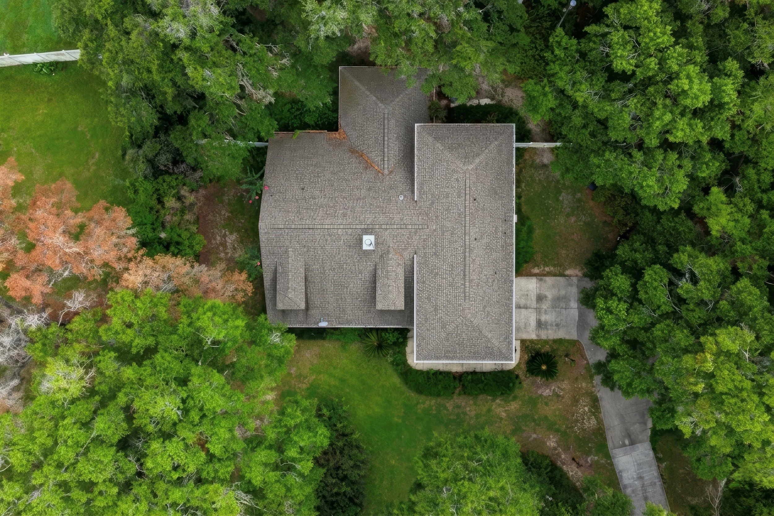 An aerial view of a house with a gray shingle roof, surrounded by tall green trees and lawn.