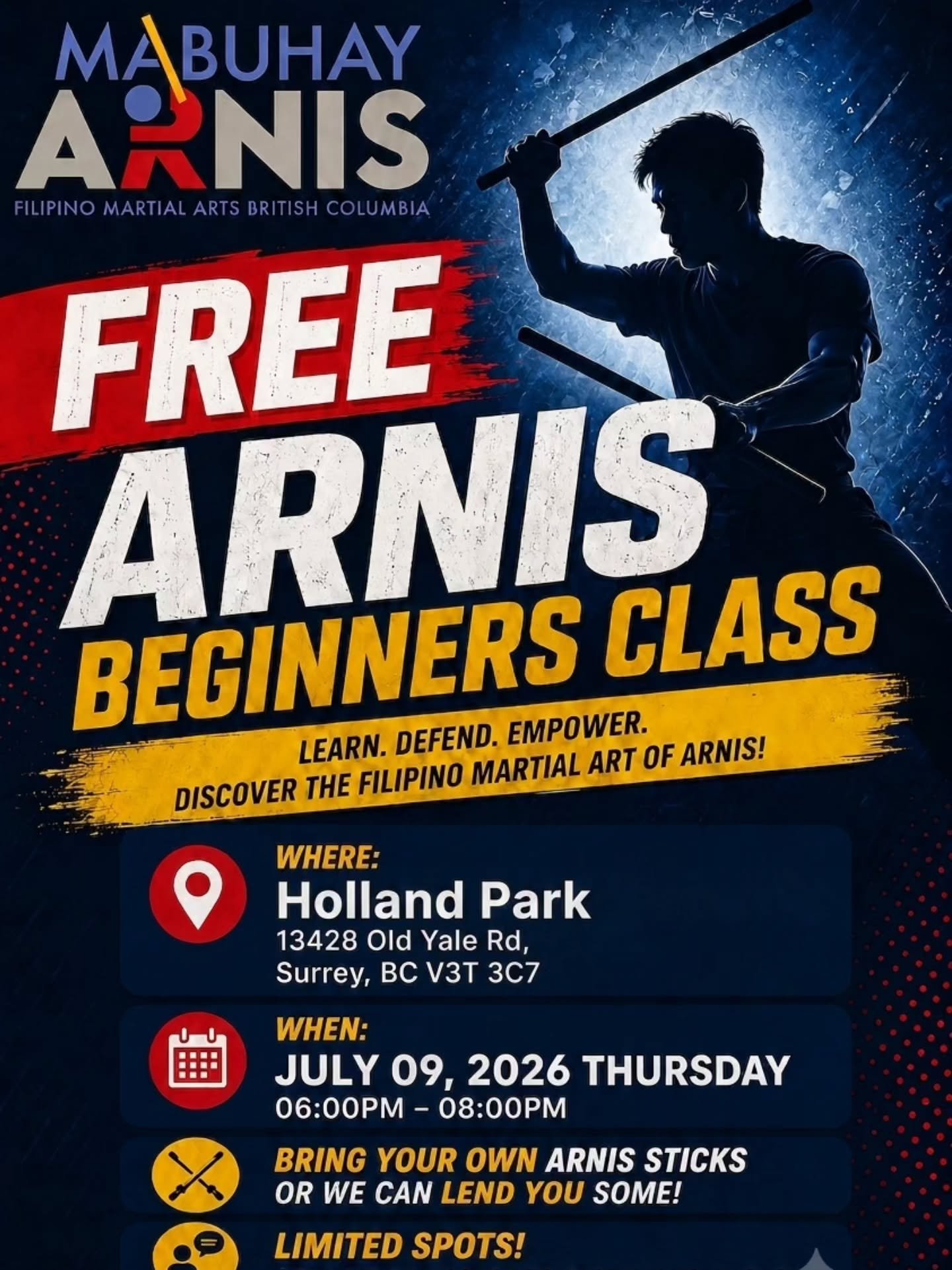 Send me a message here or at Mabuhayarnis@gmail.com to reserve your spot.

Pugay!

#arnis #filipinomartialarts #martialarts #surreybc #training