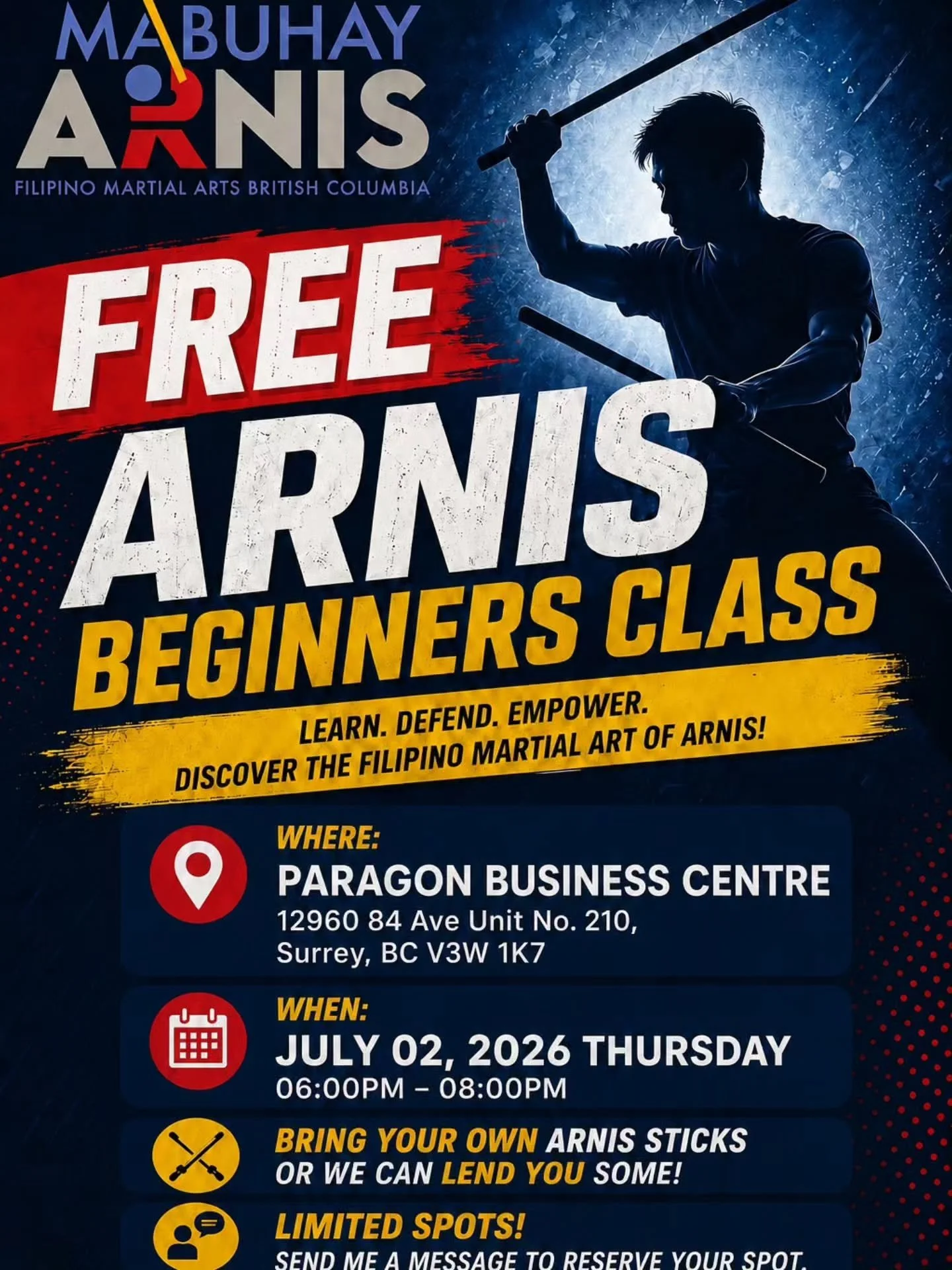 🌧️ VENUE CHANGE DUE TO RAIN 🌧️

​Today's free beginners class has been moved to an indoor gym!

​New Location: Paragon Business Centre, 12960 84 Ave Unit No. 210, Surrey, BC V3W 1K7

​The attached poster has been updated. See you there!

Pugay!