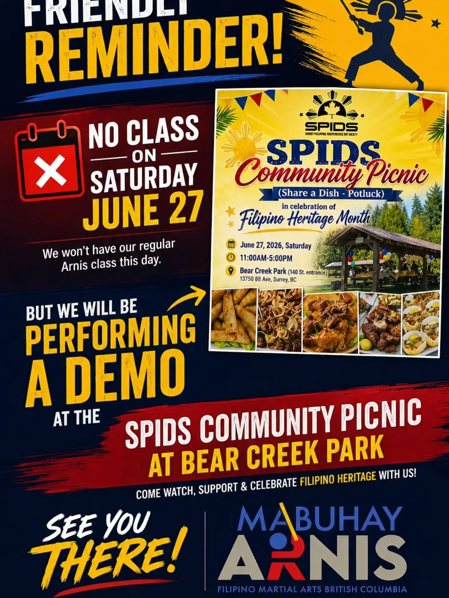 No class tomorrow, June 27 Saturday. 

We will be performing a demonstration at the Surrey Filipino Canadians SPIDS Surrey Philippine Independence Day Society at Bear Creek Park tomorrow.

Next indoor class will be on June 29 Monday from 06:30PM to 0