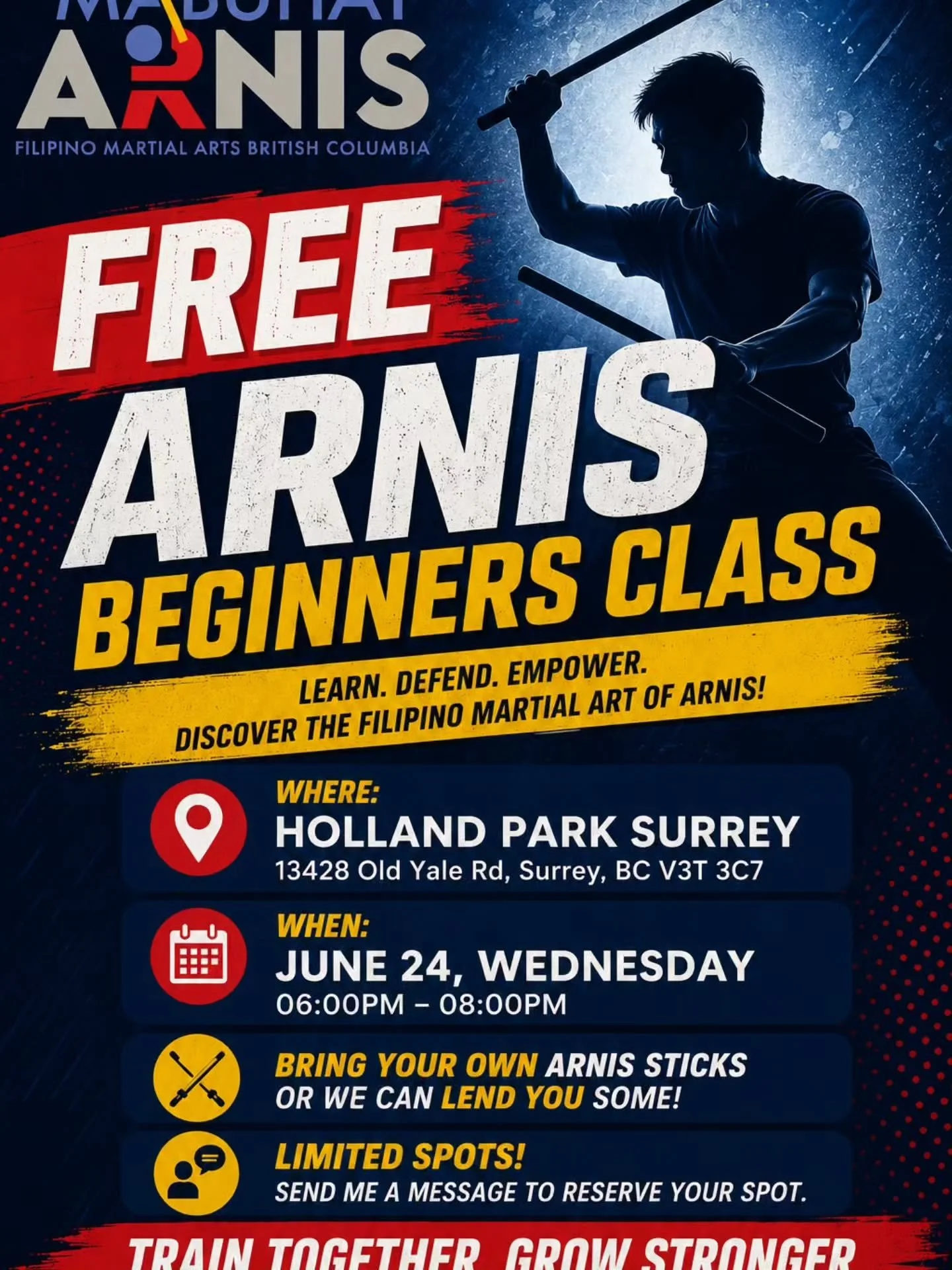 Free Arnis Beginners class this Wednesday!

Limited spots only. Send me a message to reserve your spot.

Pugay!