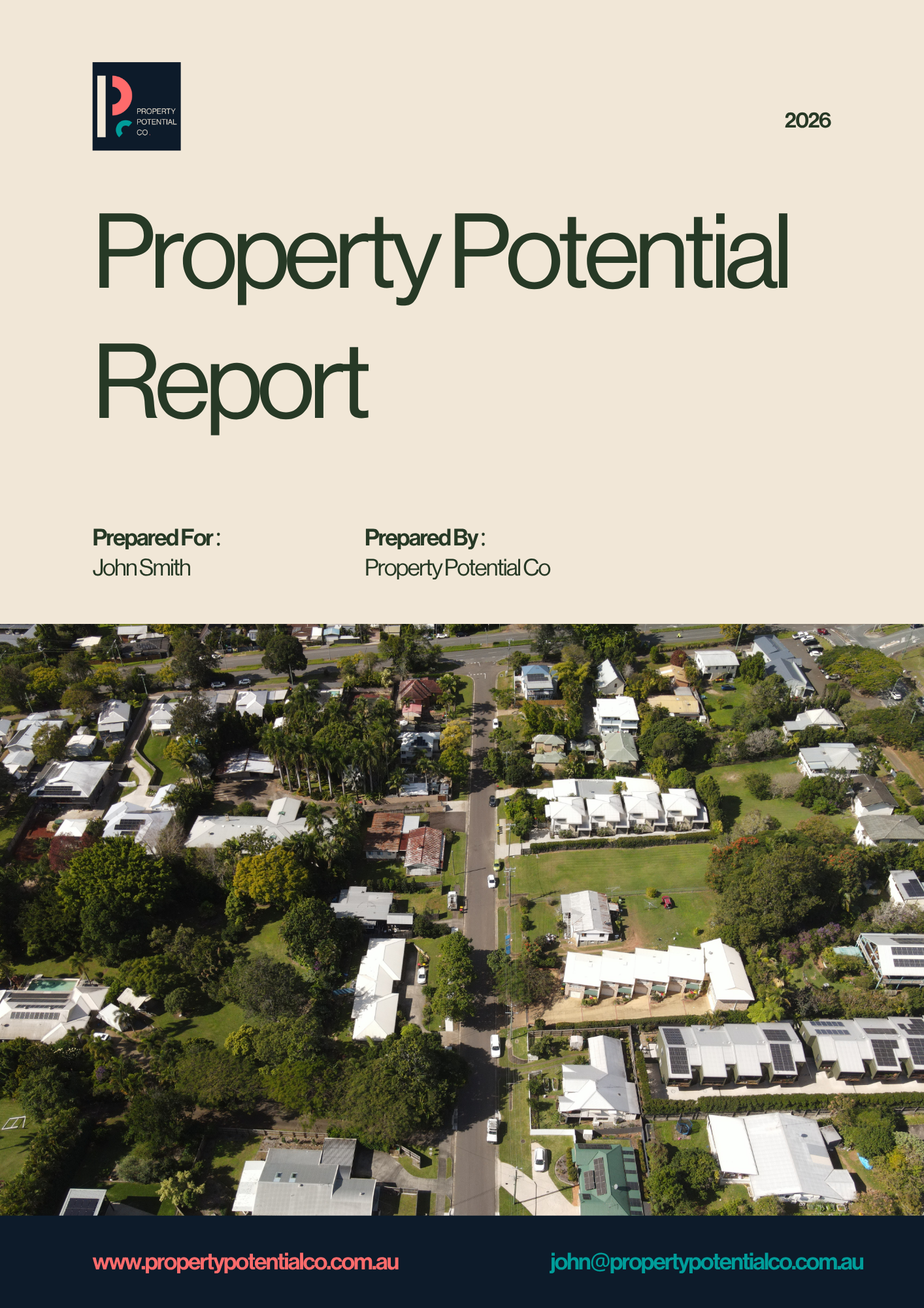 An aerial view of a neighborhood with houses, trees, and streets, with a property potential report overlay at the top.