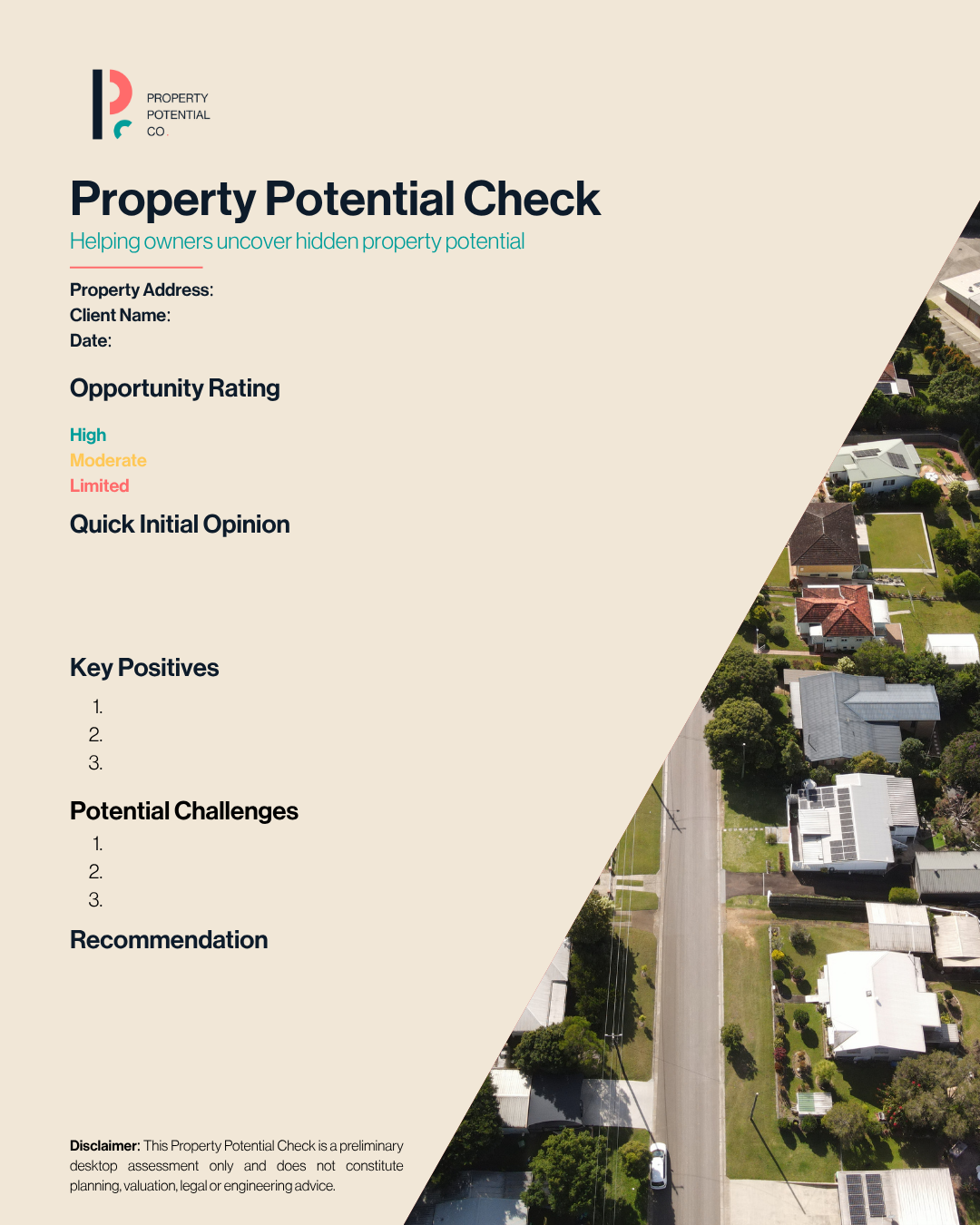 Property Potential Check document with a logo, title, checklist categories, and an aerial view of a residential neighborhood.