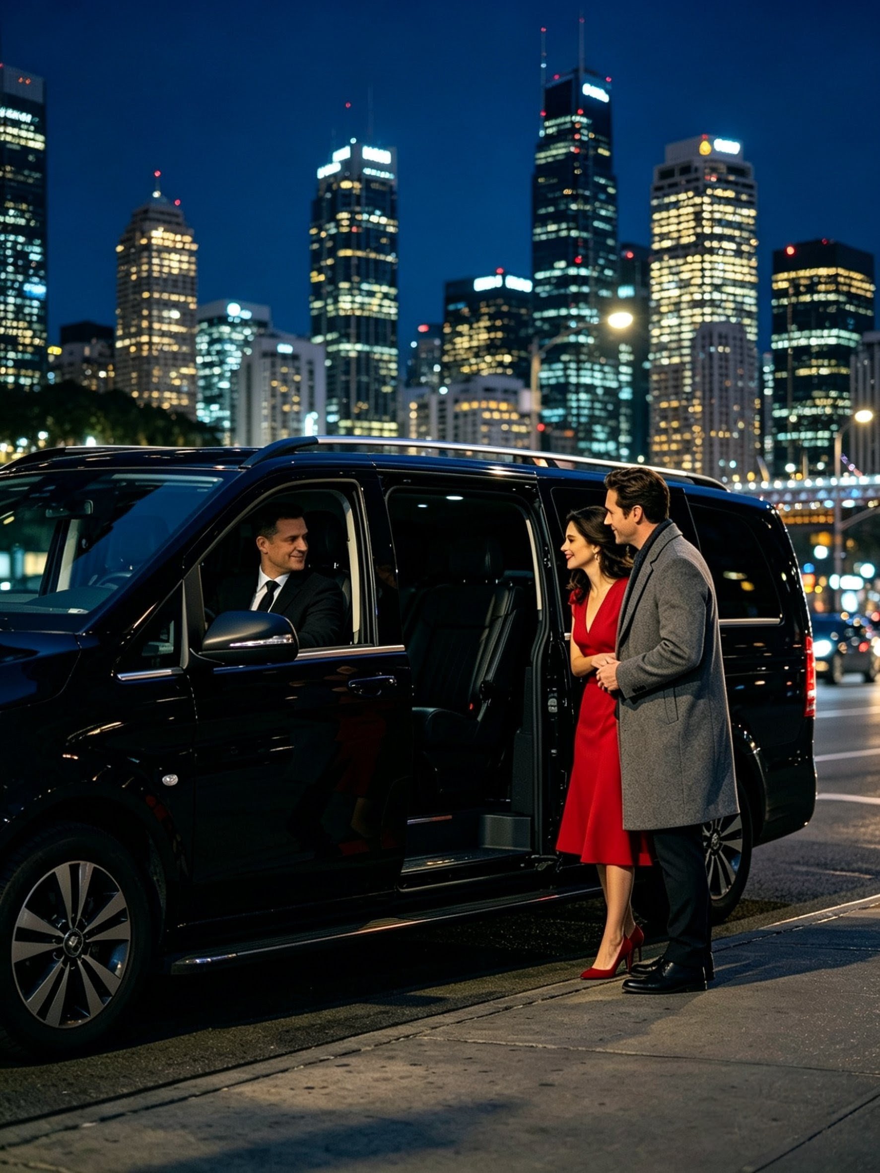 A man and a woman stand outside a black luxury car at night, with a city skyline and illuminated skyscrapers in the background. The woman is wearing a red dress and red heels, and the man is dressed in a gray coat and black shoes. The woman and man are smiling and appear to be having a pleasant conversation.