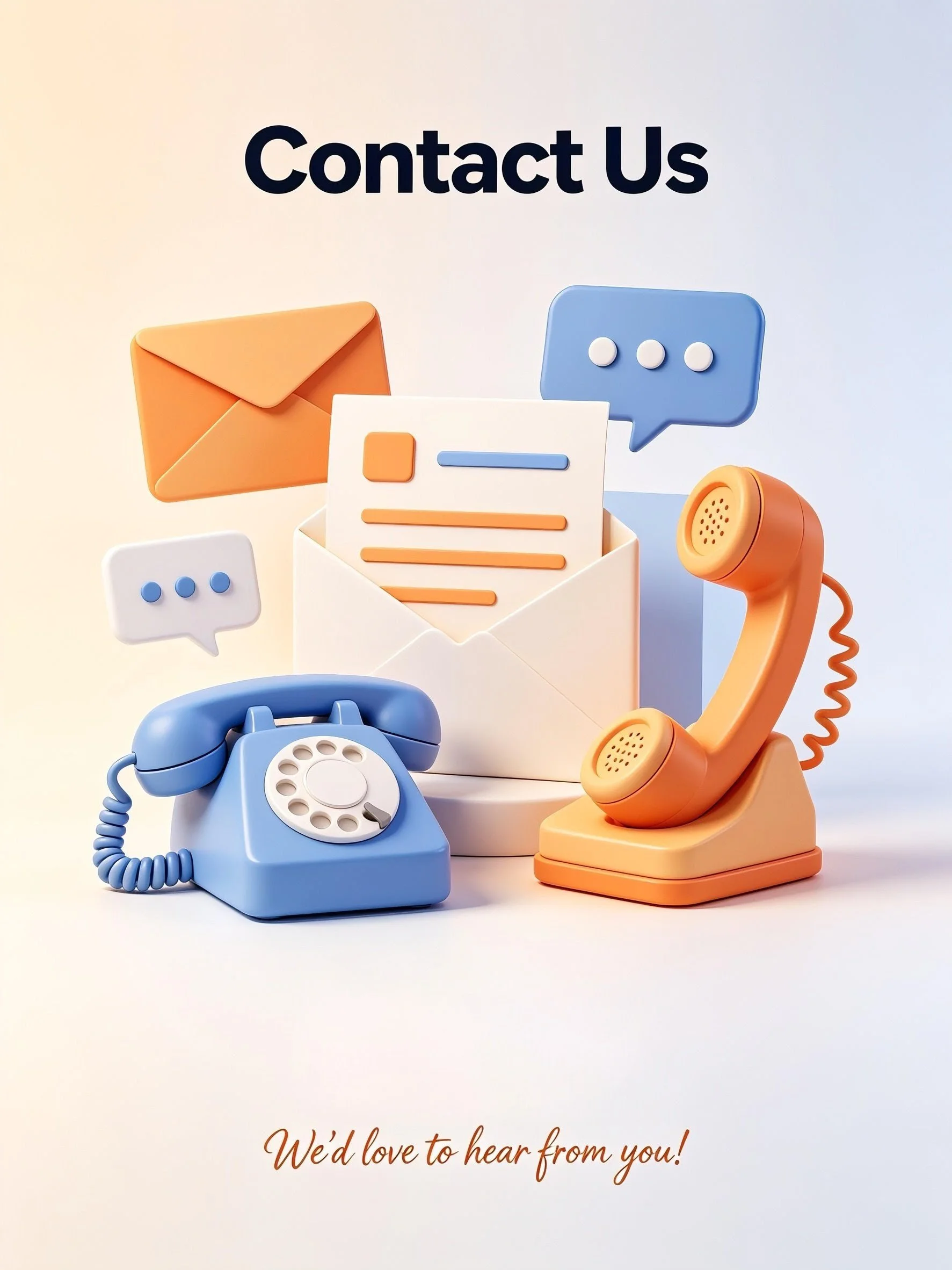A colorful illustration with a blue rotary phone, an orange telephone, a white envelope with orange and blue documents, and speech bubbles, with the text 'Contact Us' and 'We'd love to hear from you!'