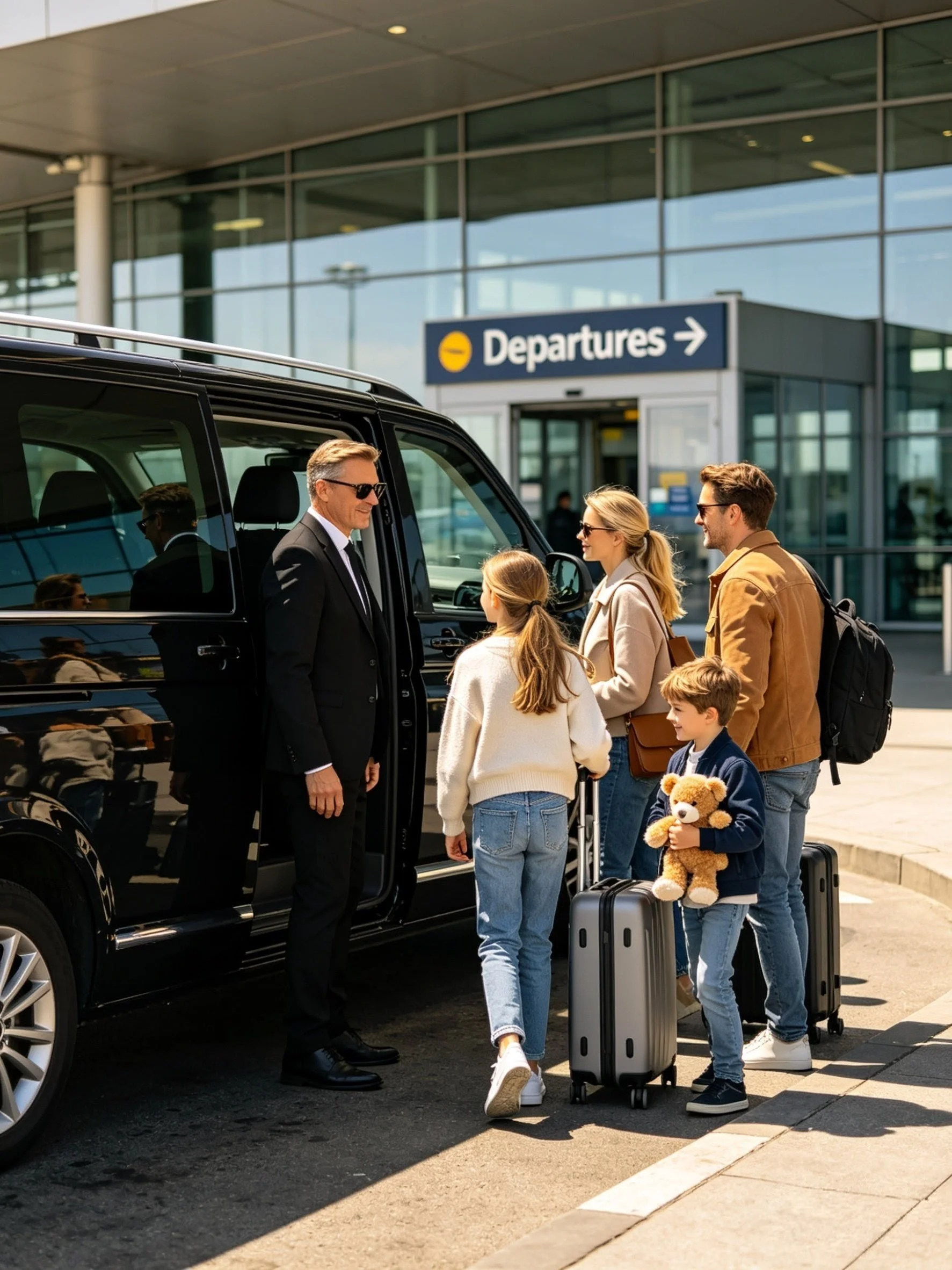 A family of five at an airport, with three children and two adults, standing near a black vehicle outside the terminal with a sign that reads 'Departures' and an arrow pointing to the right. The family is dressed casually, carrying suitcases and a teddy bear.