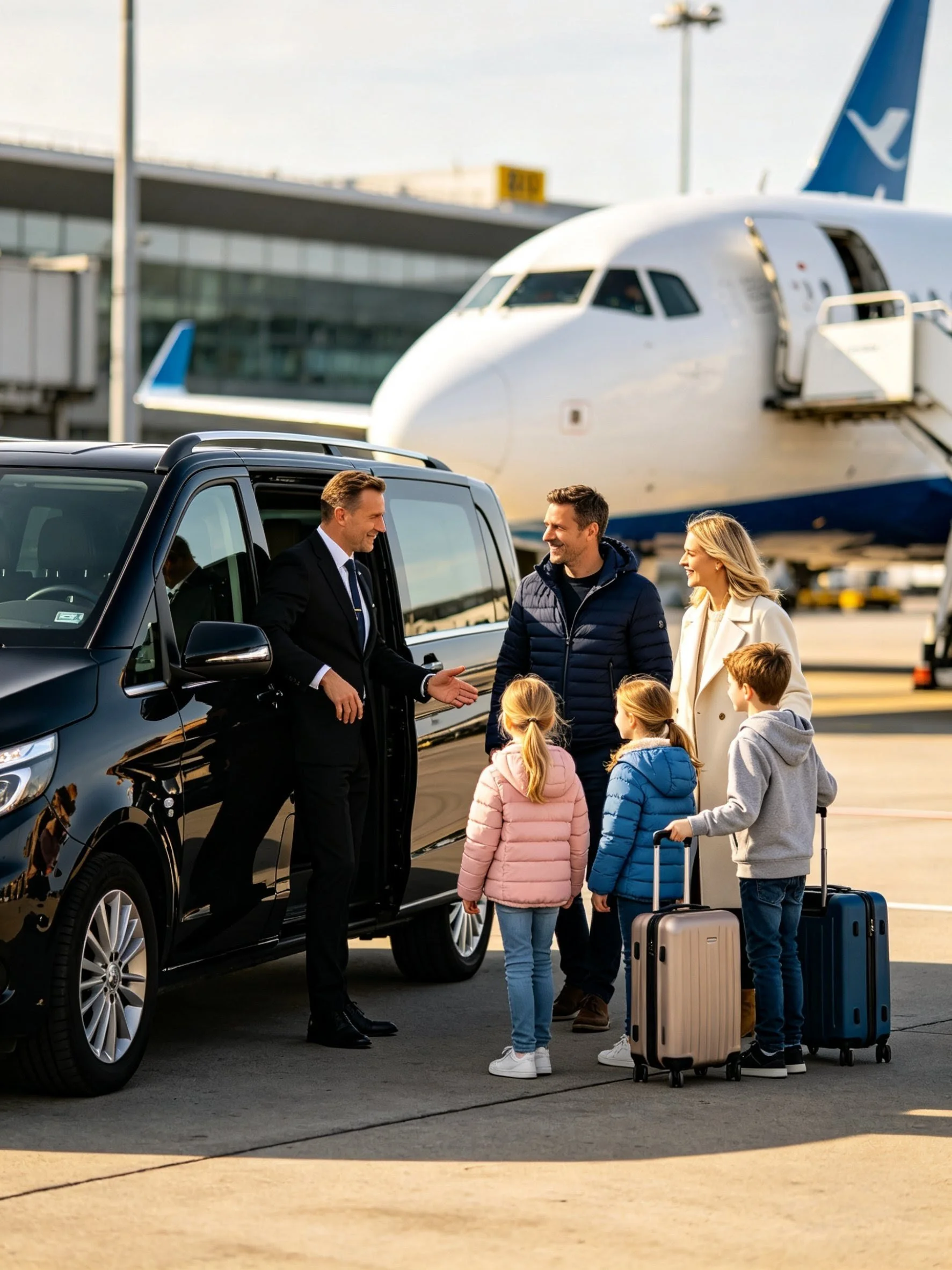 A group of five children and three adults greeting a driver at an airport curbside. The children have rolling suitcases and are wearing casual clothes. The driver is in a black suit and is opening the car door for the group.