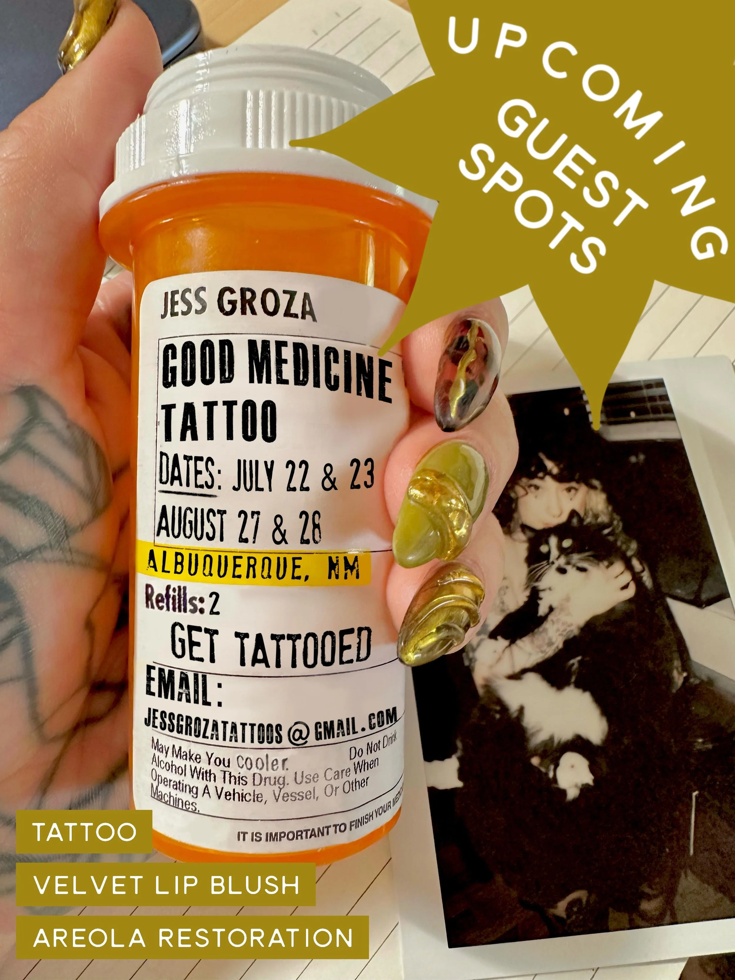 NOW BOOKING FOR ALBUQUERQUE, NEW MEXICO

JULY 22-23 &amp; AUGUST 27-28

I&rsquo;ll be visiting twice in the next two months and I&rsquo;ll be hanging with my buds @goodmedicinetattoo during my stay.

Please email me at jessgrozatattoos@gmail.com to b