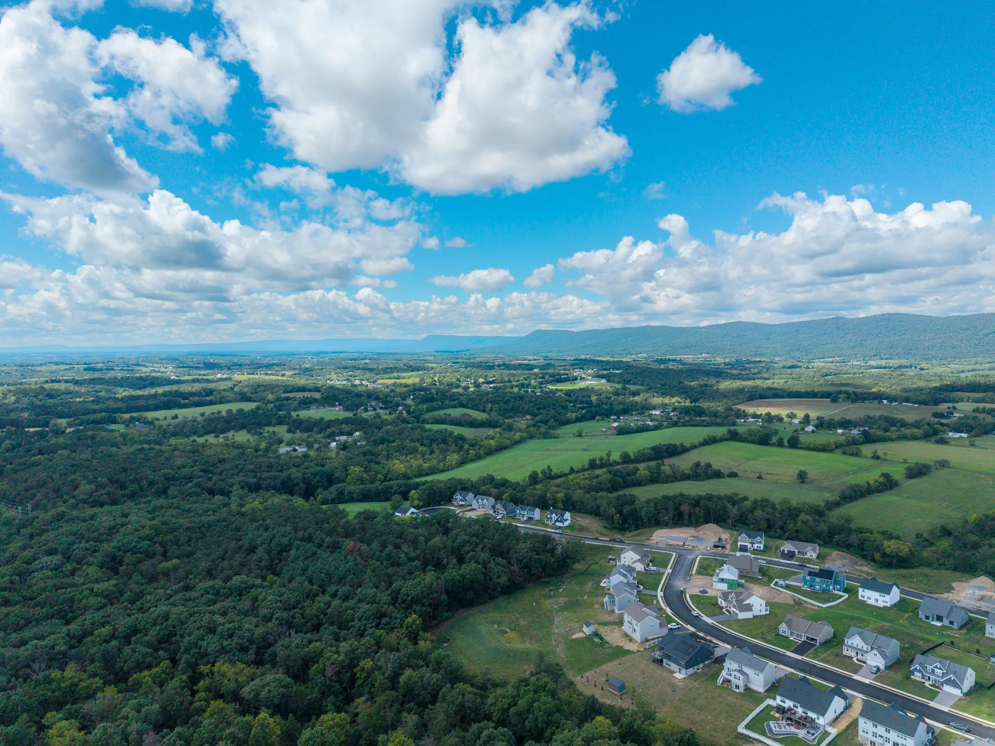 Aerial view of a rural landscape with scattered houses, green fields, dense forest, and mountain range under partly cloudy sky.