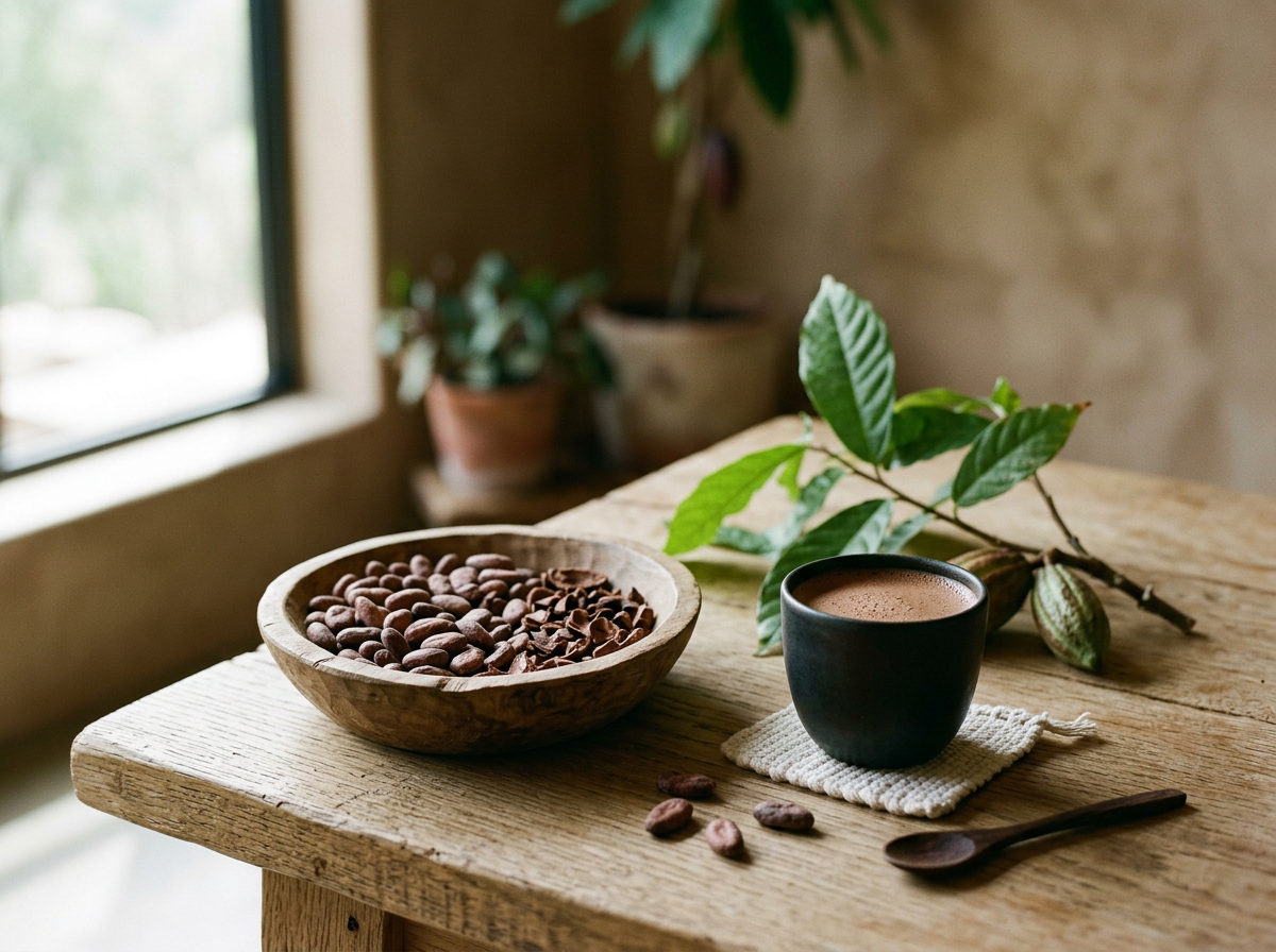 A wooden table with a bowl of coffee beans, a cup of hot chocolate, and green leaves, with plants and a window in the background.