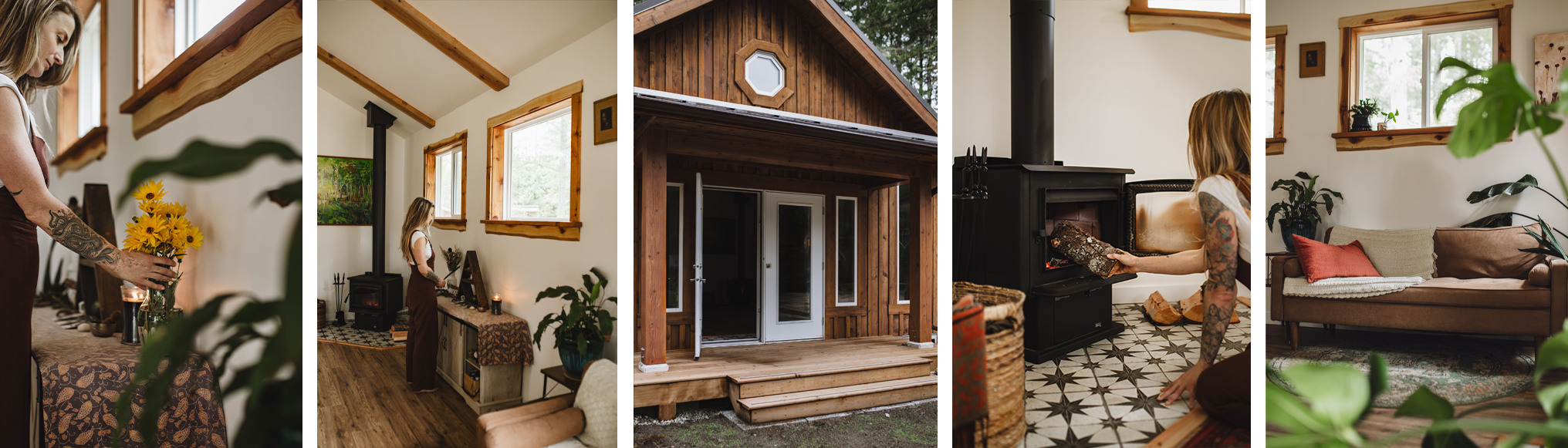 Interior and exterior views of a cozy wood-style studio, including a woman arranging sunflowers inside, the cabin's front porch with steps, and the living room with a woman near the fireplace.