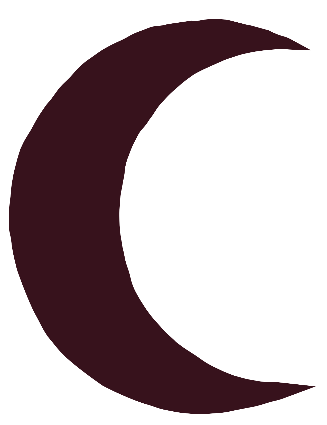 A crescent moon in a deep maroon colour.