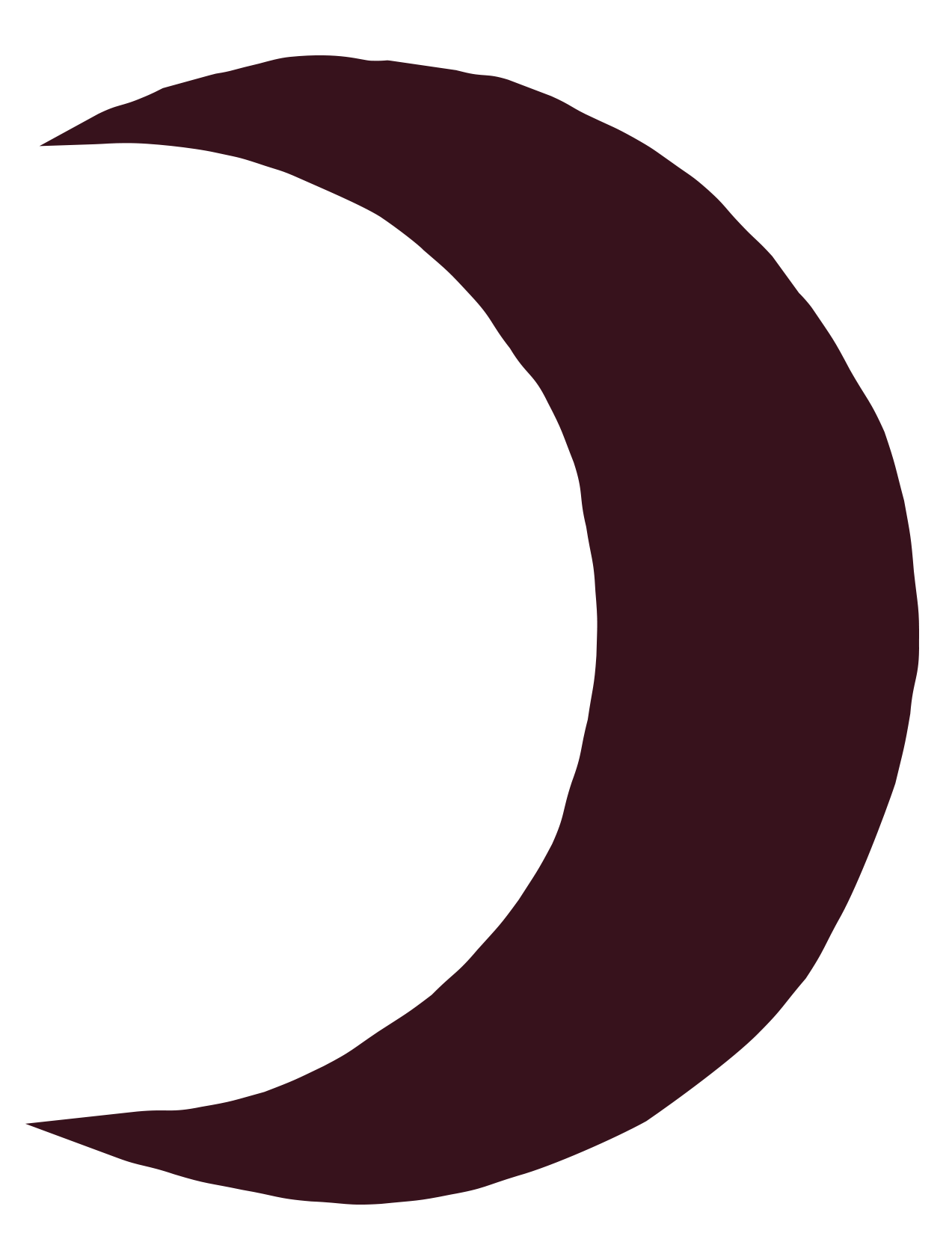 A crescent moon in a deep maroon color.