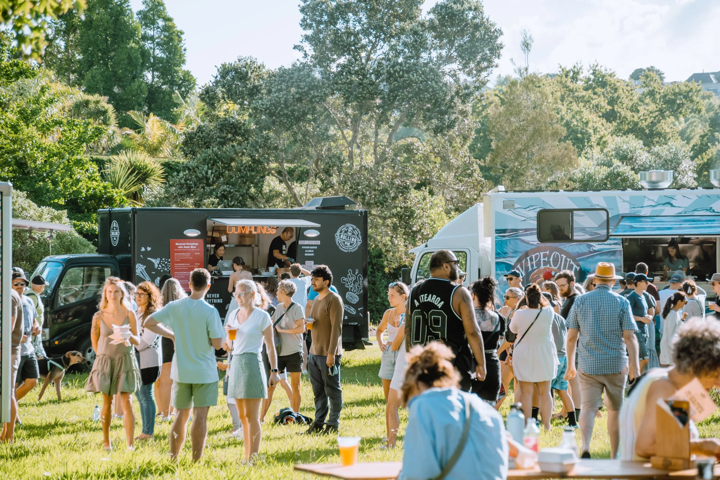 A crowded outdoor event with food trucks, including one selling dumplings, and many people socializing on a grassy area under trees on a sunny day.