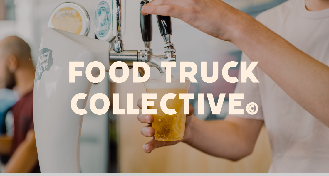 Close-up of a person pouring beer from a tap into a clear plastic cup at a food truck event.