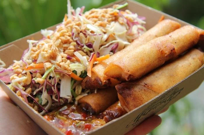 Close-up of a takeout box containing two fried spring rolls and a side of shredded cabbage salad topped with crushed peanuts.