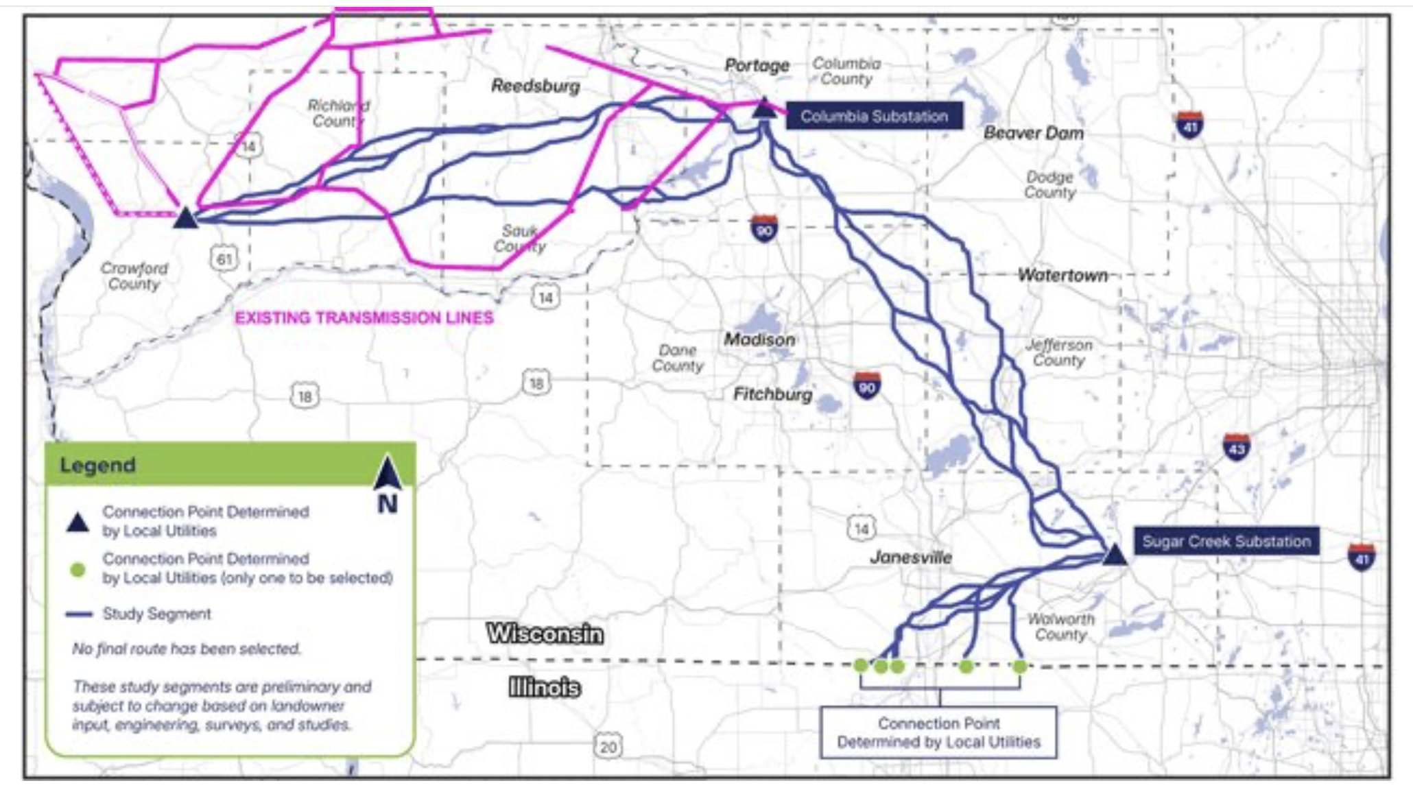 Map showing existing transmission lines in Wisconsin, Illinois, and parts of Iowa. Blue study segments indicate areas of investigation with connection points marked by triangles. Pink lines represent existing transmission lines. Notable locations include Columbia Substation, Sugar Creek Substation, and study segment routes crossing counties such as Dodge, Jefferson, and Waukesha.