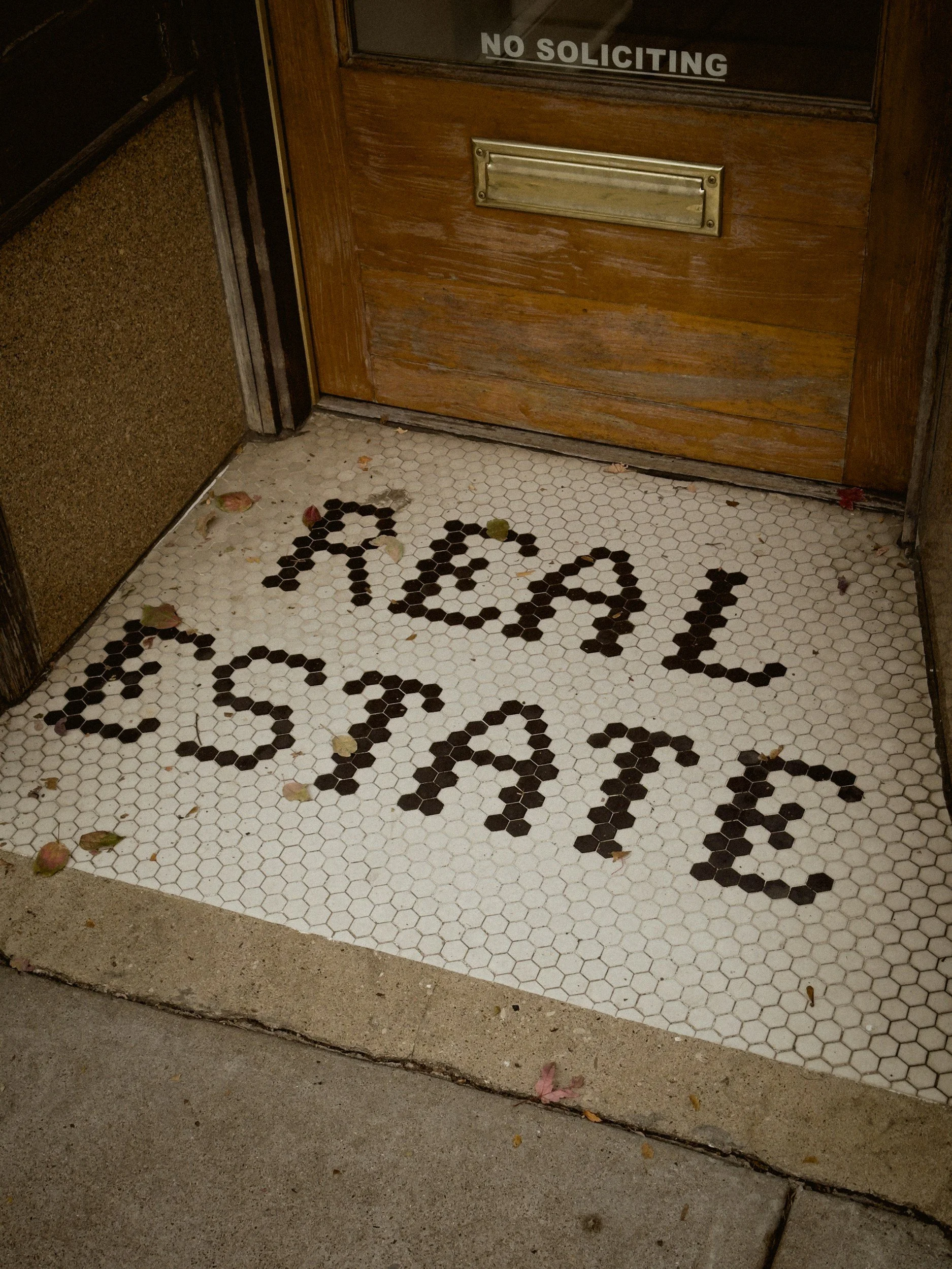 The image shows a wooden door with a small window, a letter slot, and a sign that says 'NO SOLICITING.' The floor outside the door is tiled with small hexagonal tiles, some with a pattern spelling 'thank you' in black letters, and there are a few scattered leaves.