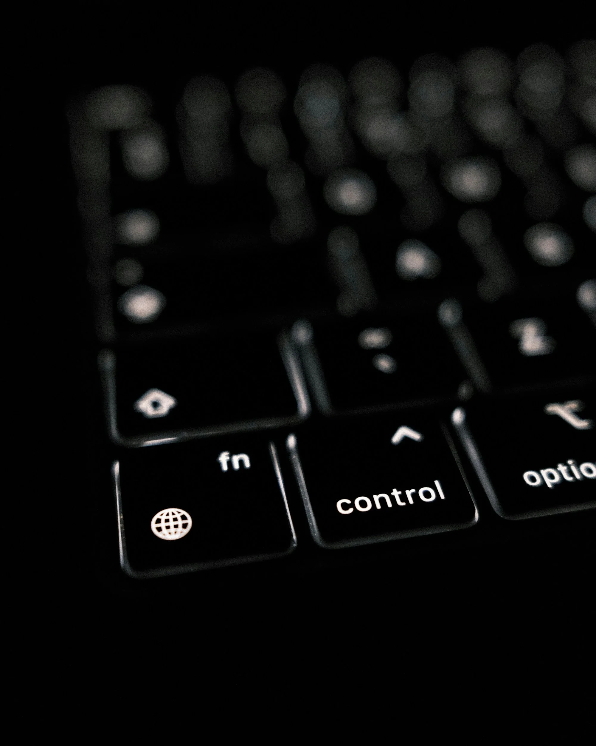 Close-up of a black computer keyboard with illuminated white lettering, showing the control, fn, and option keys.
