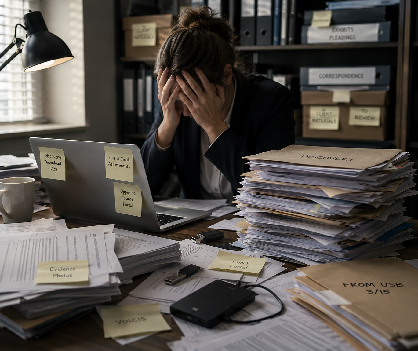 A woman sitting at a cluttered desk with her hands on her head, surrounded by stacks of papers, folders, and sticky notes labeled with various topics, in a dimly lit office.