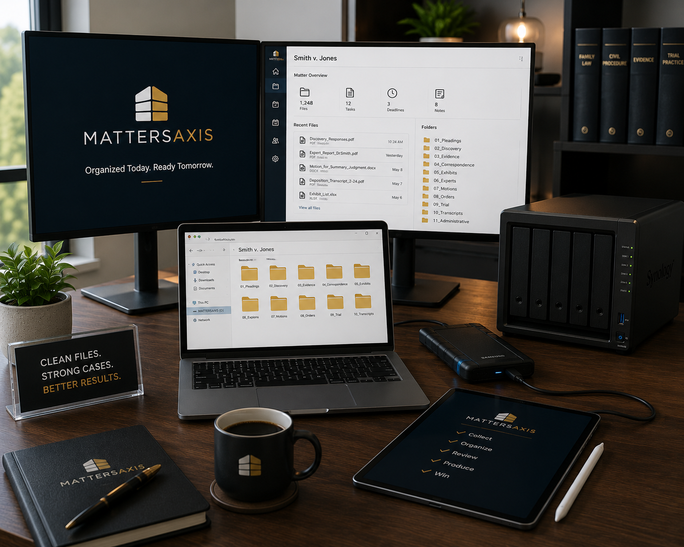 An organized workspace featuring dual monitors, a laptop, a tablet, a desktop NAS device, and office supplies. The screens display folders and documents labeled related to a legal case titled 'Smith v. Jones'. There is a small sign on the desk that reads, 'Clean files. Strong cases. Better results.' and a notebook, pen, coffee mug, and a small plant are also on the desk.