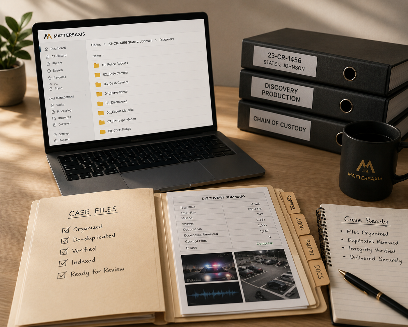 A study desk with a laptop displaying a legal case management software, three black binders labeled with case numbers and titles, a black mug with the MATTERAXIS logo, an open case file folder with checkmarks, a report with statistics, a notepad with a checklist, and a pen.