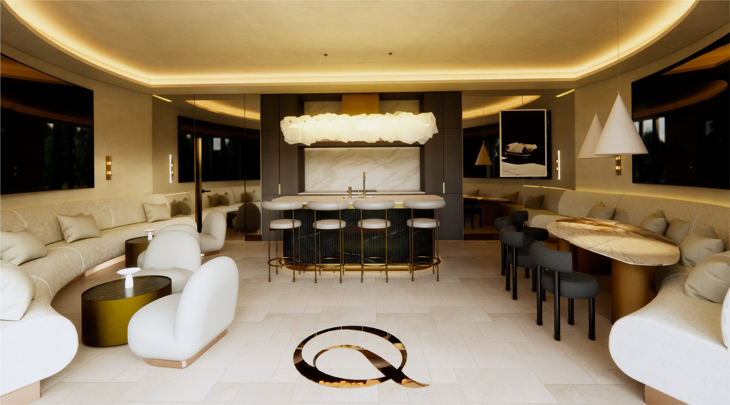 Elegant modern lounge with cream and dark-colored seating, a marble and gold bar counter with white stools, artistic lighting and wall-mounted TVs.