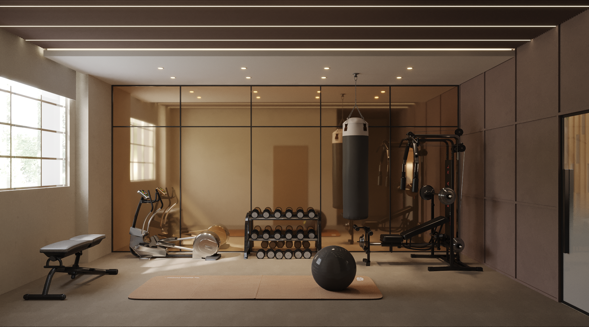 Modern gym with exercise equipment including a bench, elliptical machine, dumbbell rack, punching bag, stability ball, and a yoga mat, with a glass wall and windows allowing natural light.