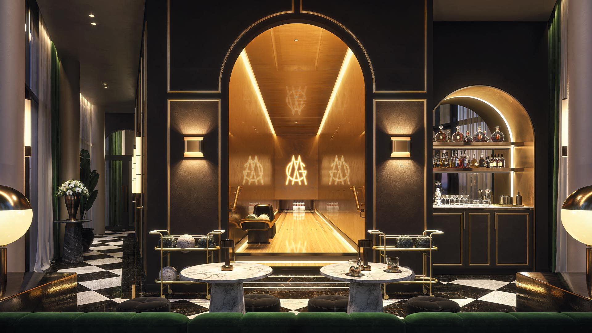 Elegant interior with a bowling alley in a luxurious hotel lounge with dark walls, gold accents and modern lighting.