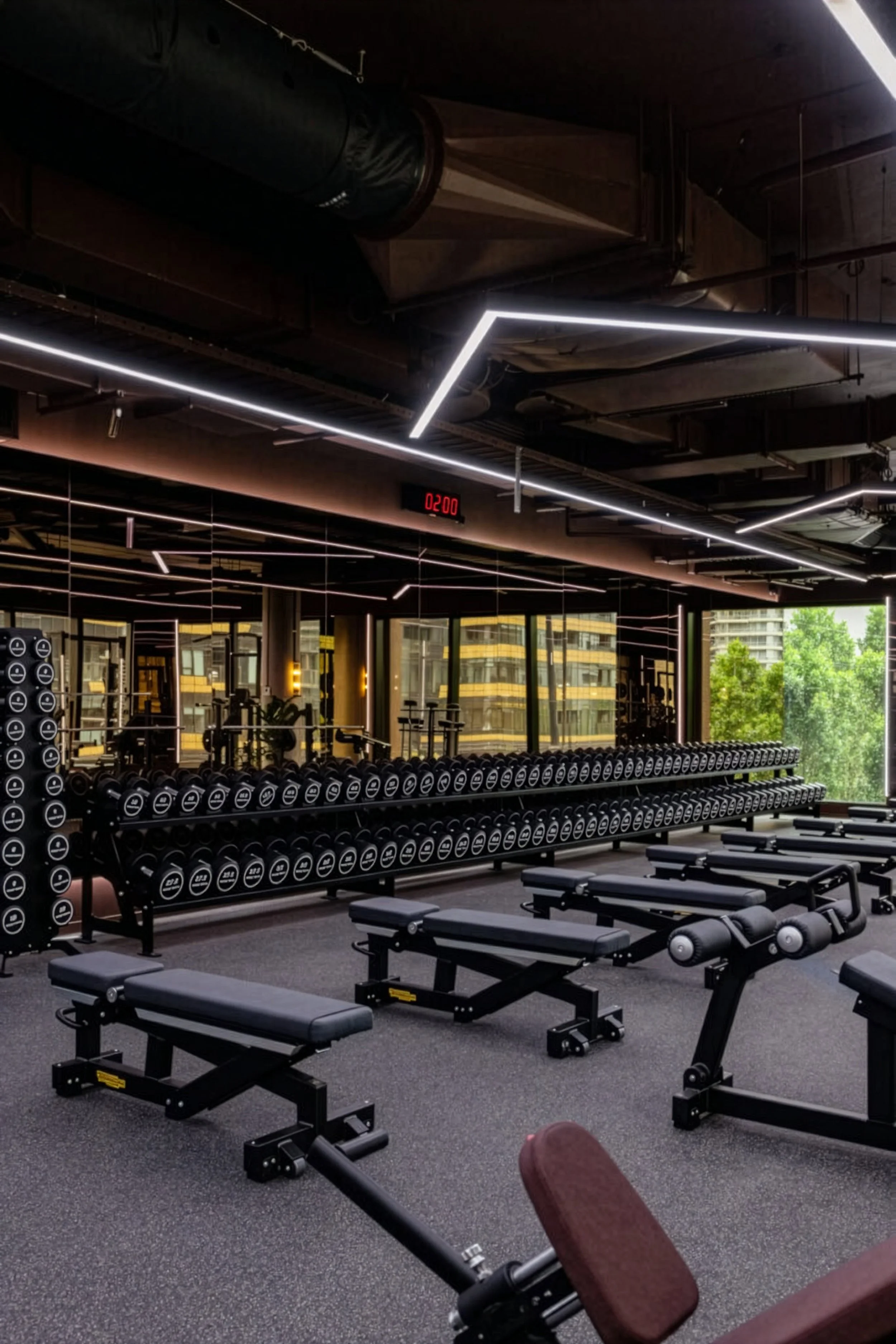 Modern gym interior with black workout benches, dumbbells on racks, mirrored walls, large windows, and LED lighting fixtures on the ceiling.