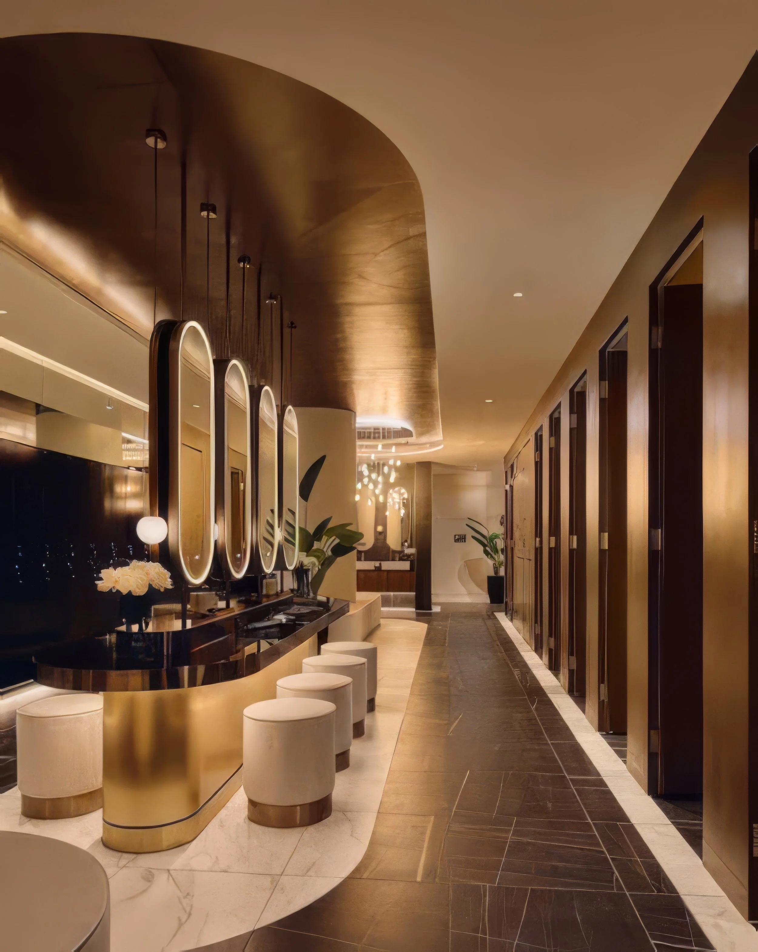 Inside a modern hotel lobby with a dark brown curved ceiling, lit pendant lights, marble and black tiled flooring, and a gold-colored curved bar with white stools. There are framed mirrors and some plants along the walls.