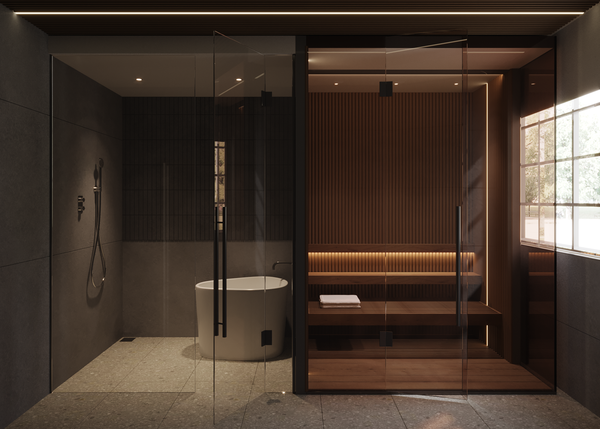 Modern bathroom with a glass enclosed shower area, a freestanding bathtub, dark tiled walls, and wood-paneled feature wall with warm recessed lighting, large window letting in natural light.