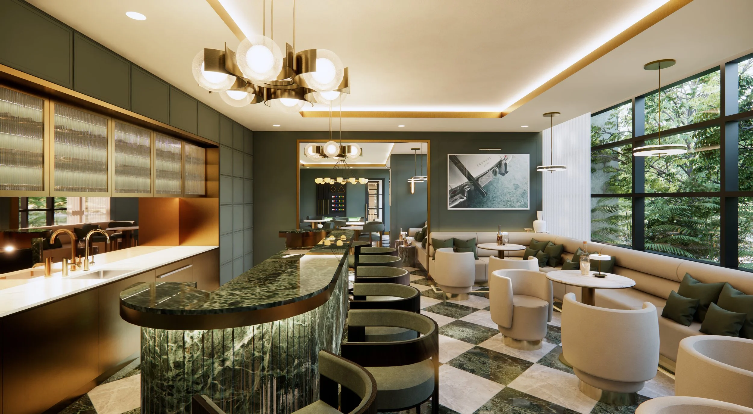Modern lounge area with large windows overlooking greenery, featuring white and gray seating, green marble bar counter, and contemporary lighting fixtures.