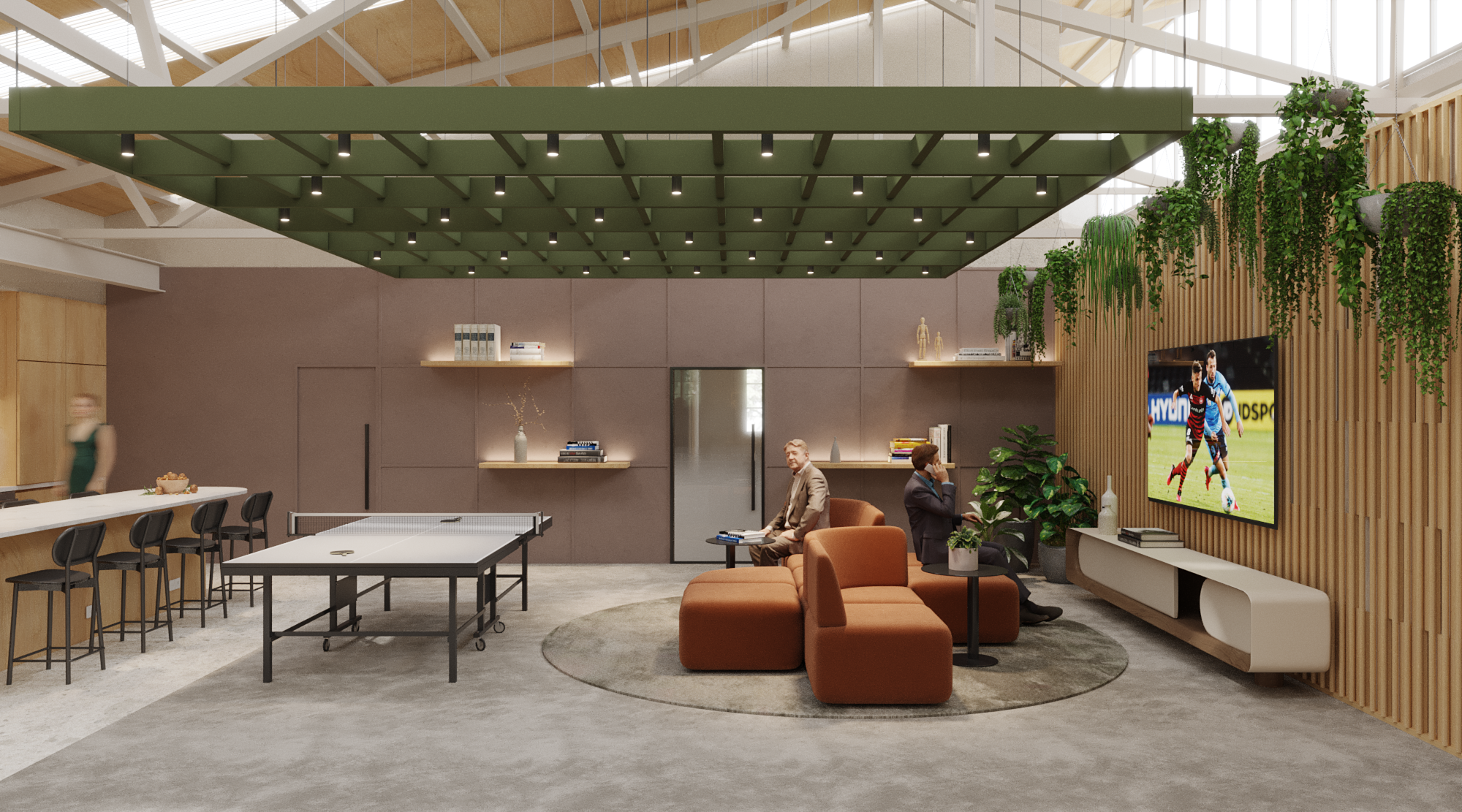 Modern indoor lounge area with seating, a ping pong table, a large wall-mounted TV, and green hanging plants.