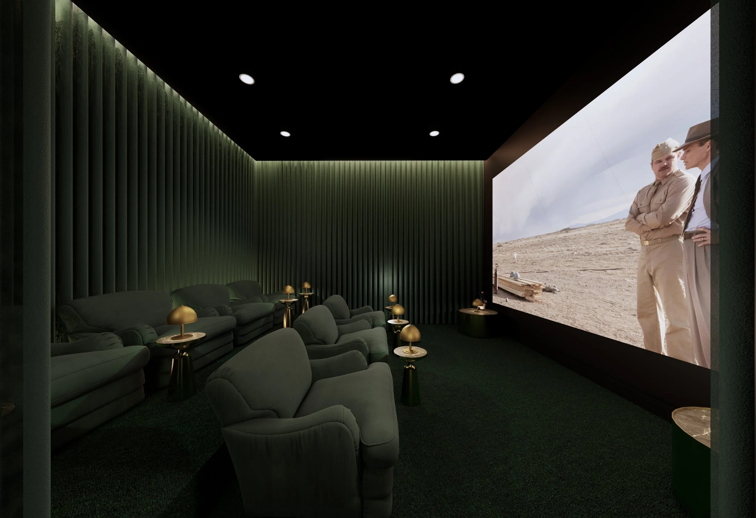 A modern screening room with dark walls and ceiling, green vertical strip lighting, and comfortable green seating arranged in rows. There are small gold table lamps on black tables. The room has a large screen displaying two men dressed in historical military uniforms outdoors, with a barren landscape in the background.