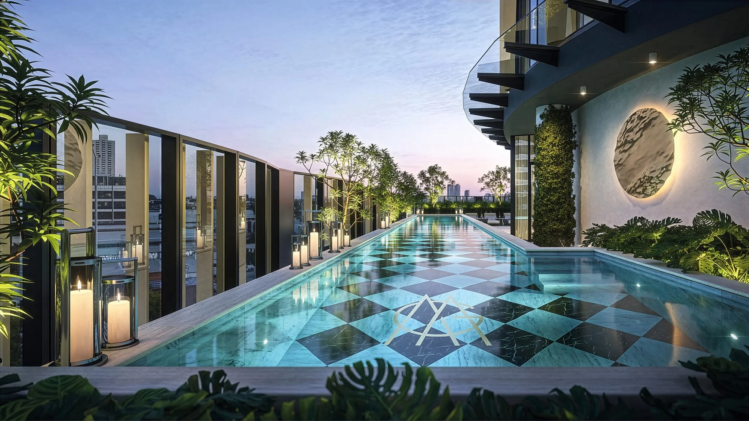 Rooftop swimming pool with a patterned tile floor, surrounded by green plants, modern building walls with decorative round mirror, large windows, city skyline in the background, evening lighting with candles.